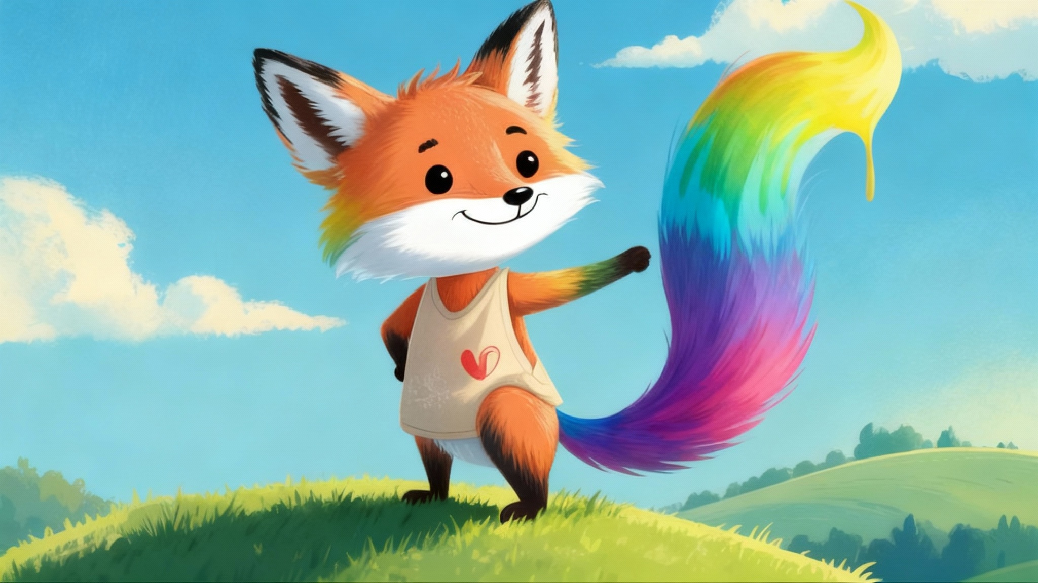 A digital illustration of a happy anthropomorphic fox whose fur has been completely colored in a beautiful, vibrant rainbow gradient, standing proudly on a green hill.