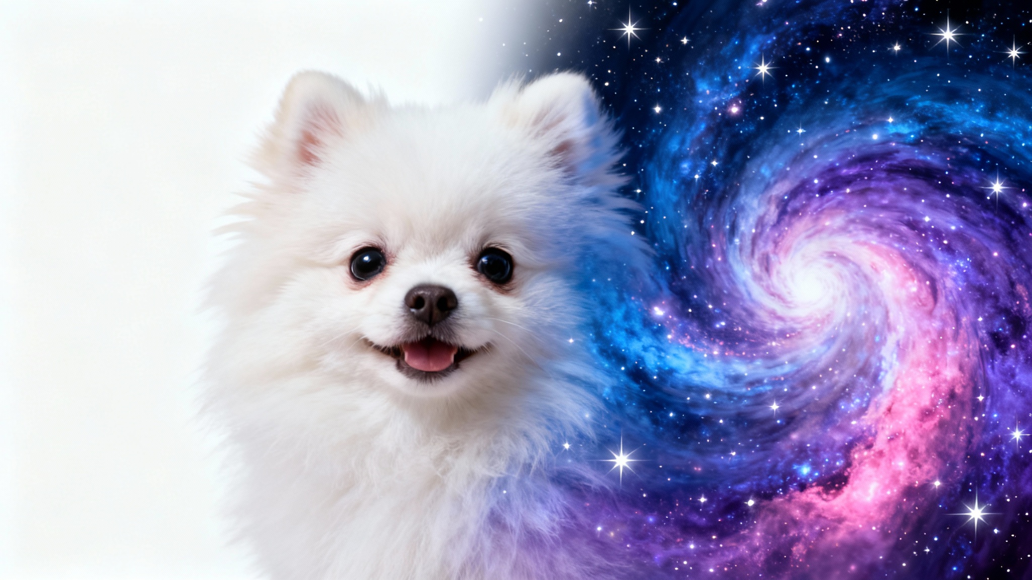 A cute, fluffy white Pomeranian puppy shown from the chest up, with half of its fur colored to look like a vibrant purple and blue galaxy, against a solid white background.