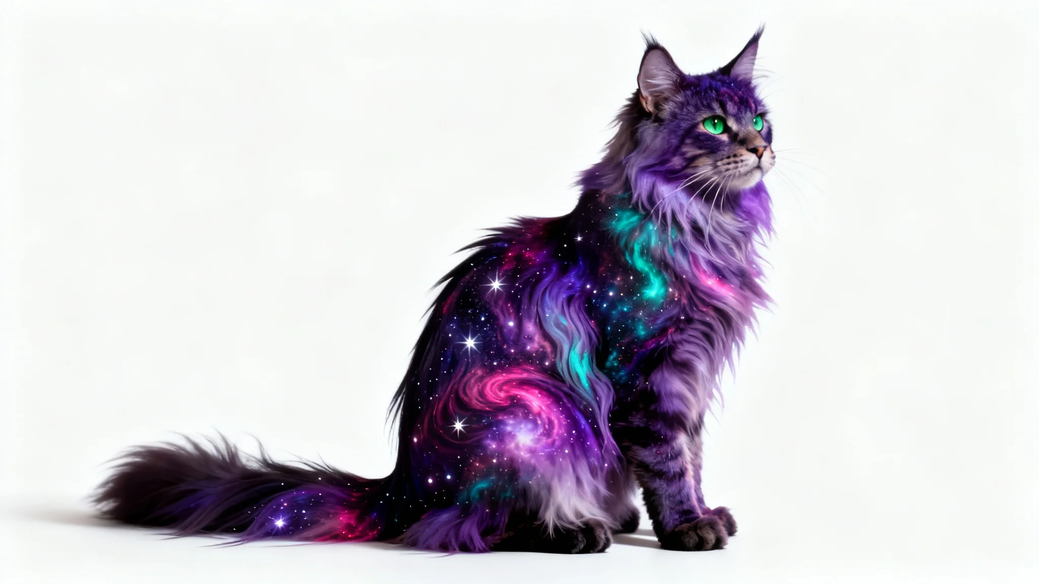A hyper-realistic image of a majestic Maine Coon cat with its fur digitally colored to look like a vibrant cosmic nebula, set against a solid white background.