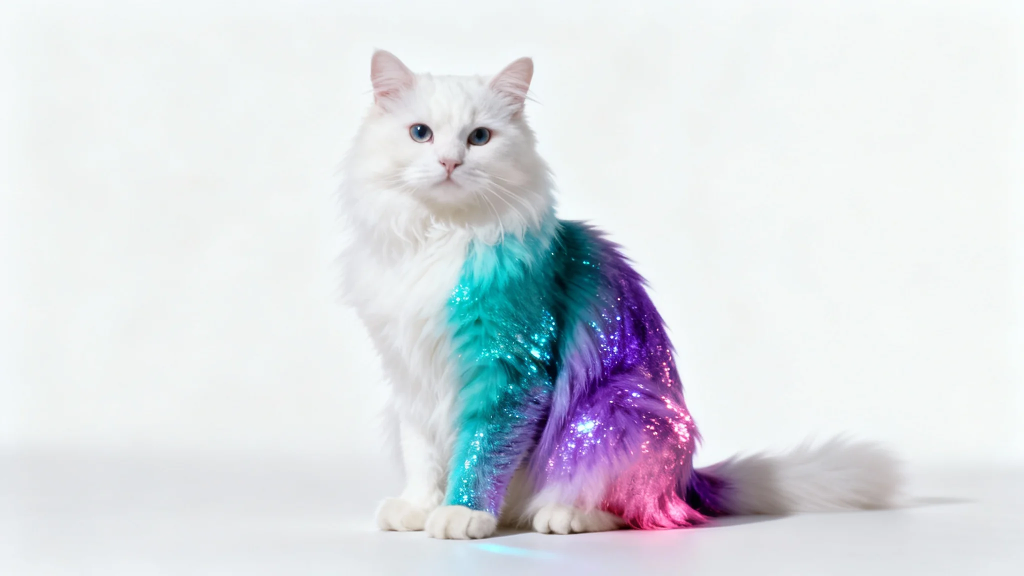 A fluffy white cat sitting against a white background, with the right side of its fur colored in a vibrant gradient of turquoise, purple, and pink.