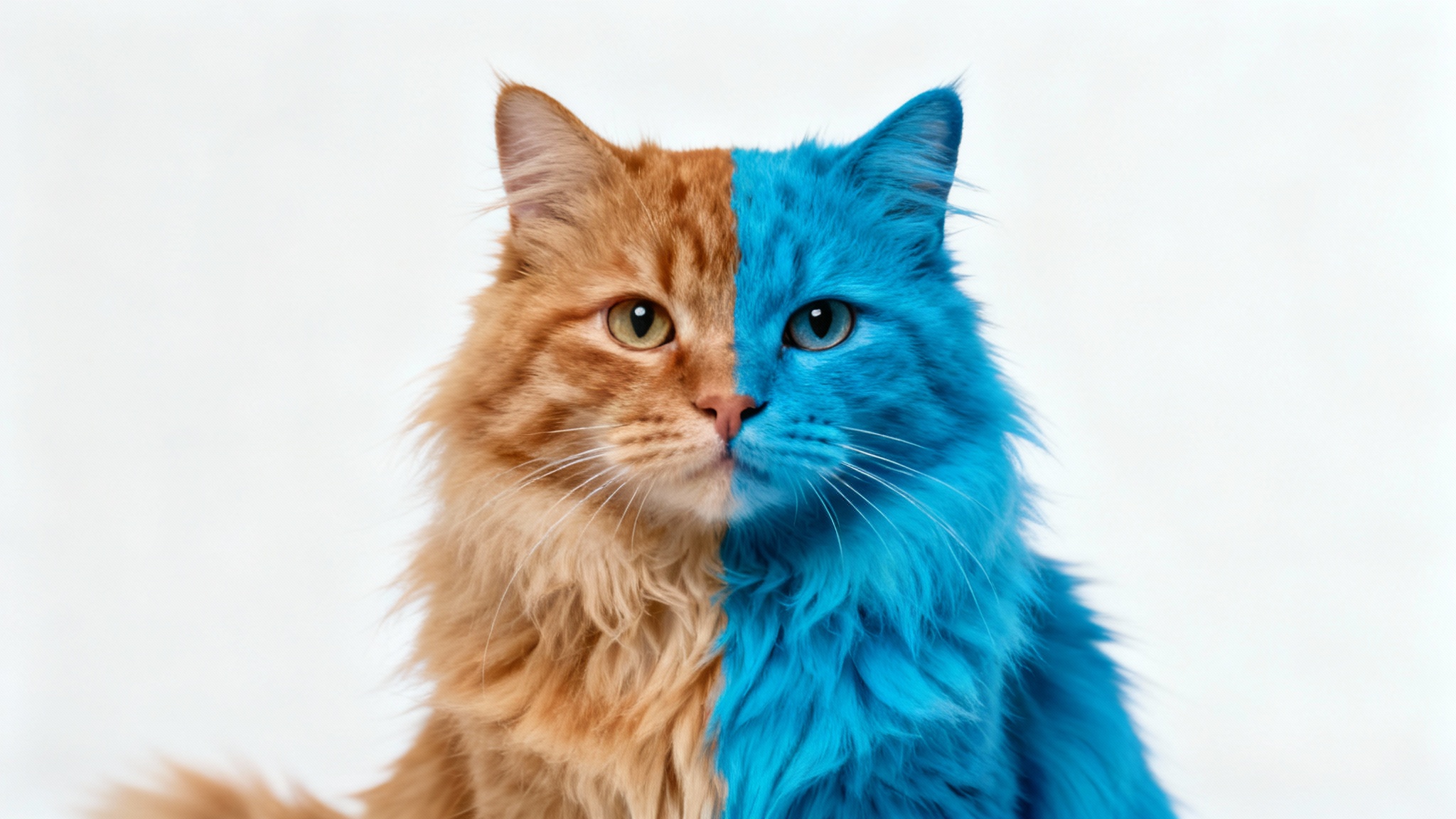 A photorealistic image of a fluffy cat, with one half of its fur being natural ginger and the other half a vibrant blue, set against a plain white background.