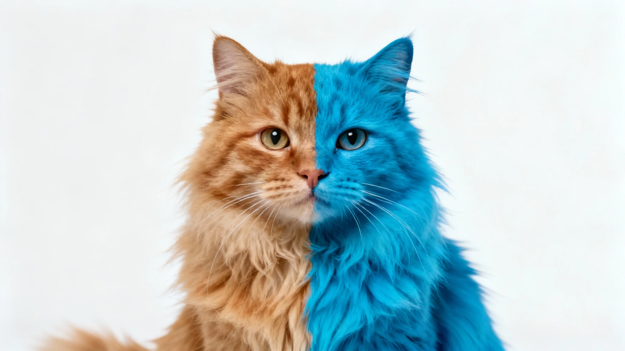 A photorealistic image of a fluffy cat, with one half of its fur being natural ginger and the other half a vibrant blue, set against a plain white background.