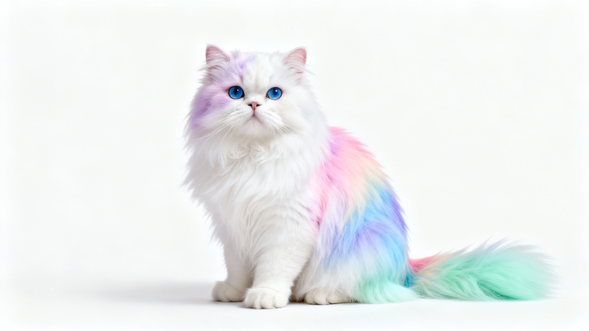 A photorealistic image of a fluffy white Persian cat with its fur dyed in a soft, pastel rainbow gradient, sitting elegantly against a plain white background.