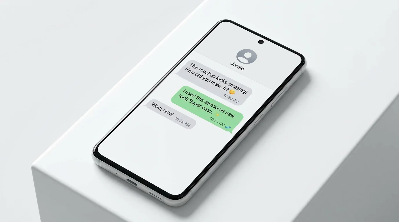 A smartphone on a white surface displaying a realistic mockup of a WhatsApp chat. The chat shows a conversation with green and grey message bubbles, demonstrating a chat mockup tool's final output.
