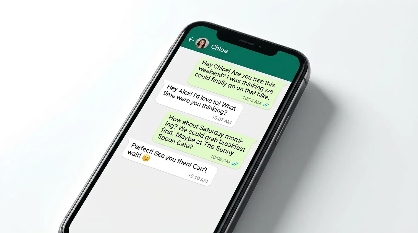 A mockup of a smartphone screen showing a fictional WhatsApp chat conversation between two friends making plans for a weekend hike.