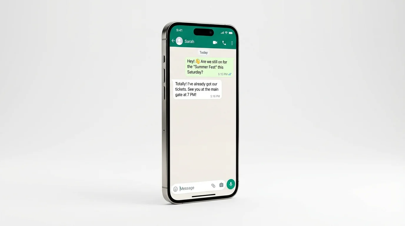 A mockup of a smartphone displaying a WhatsApp chat conversation about meeting at a summer festival.