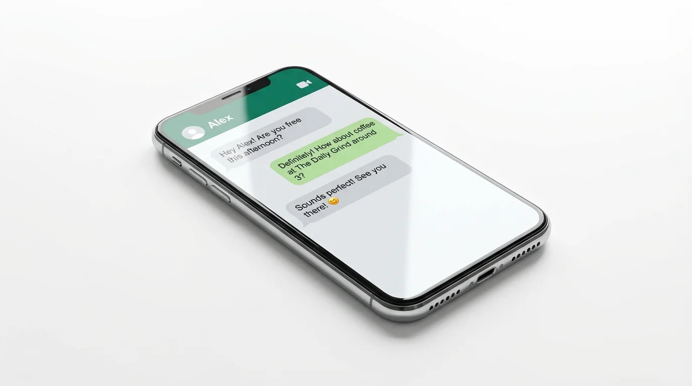 A realistic mockup of a smartphone screen showing a sample WhatsApp chat conversation between two people making plans for coffee. The image is set against a clean white background.