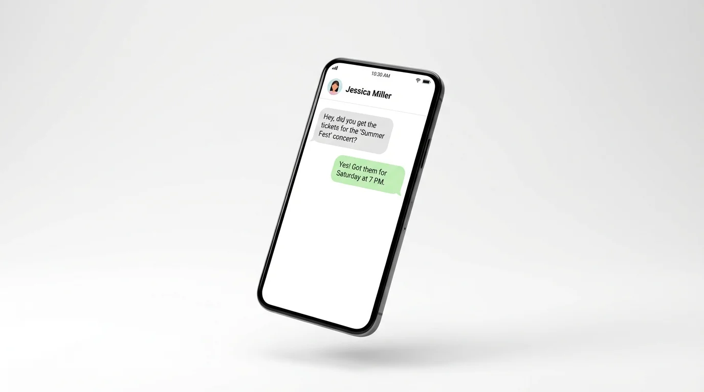 A mockup of a smartphone displaying a sample chat conversation similar to WhatsApp, where two people discuss concert tickets, set against a clean white background.