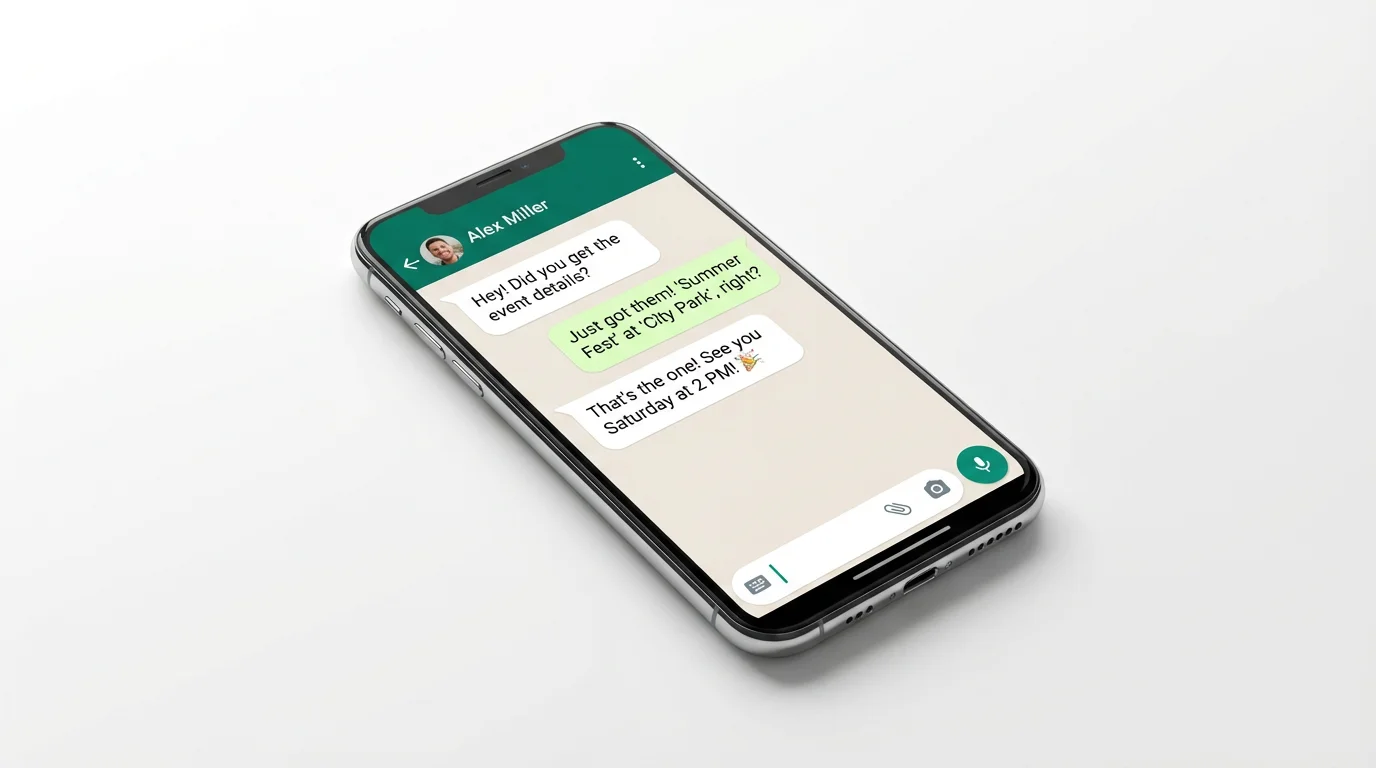 A high-quality mockup of a smartphone on a white background, displaying a sample WhatsApp chat conversation about an event called 'Summer Fest'.