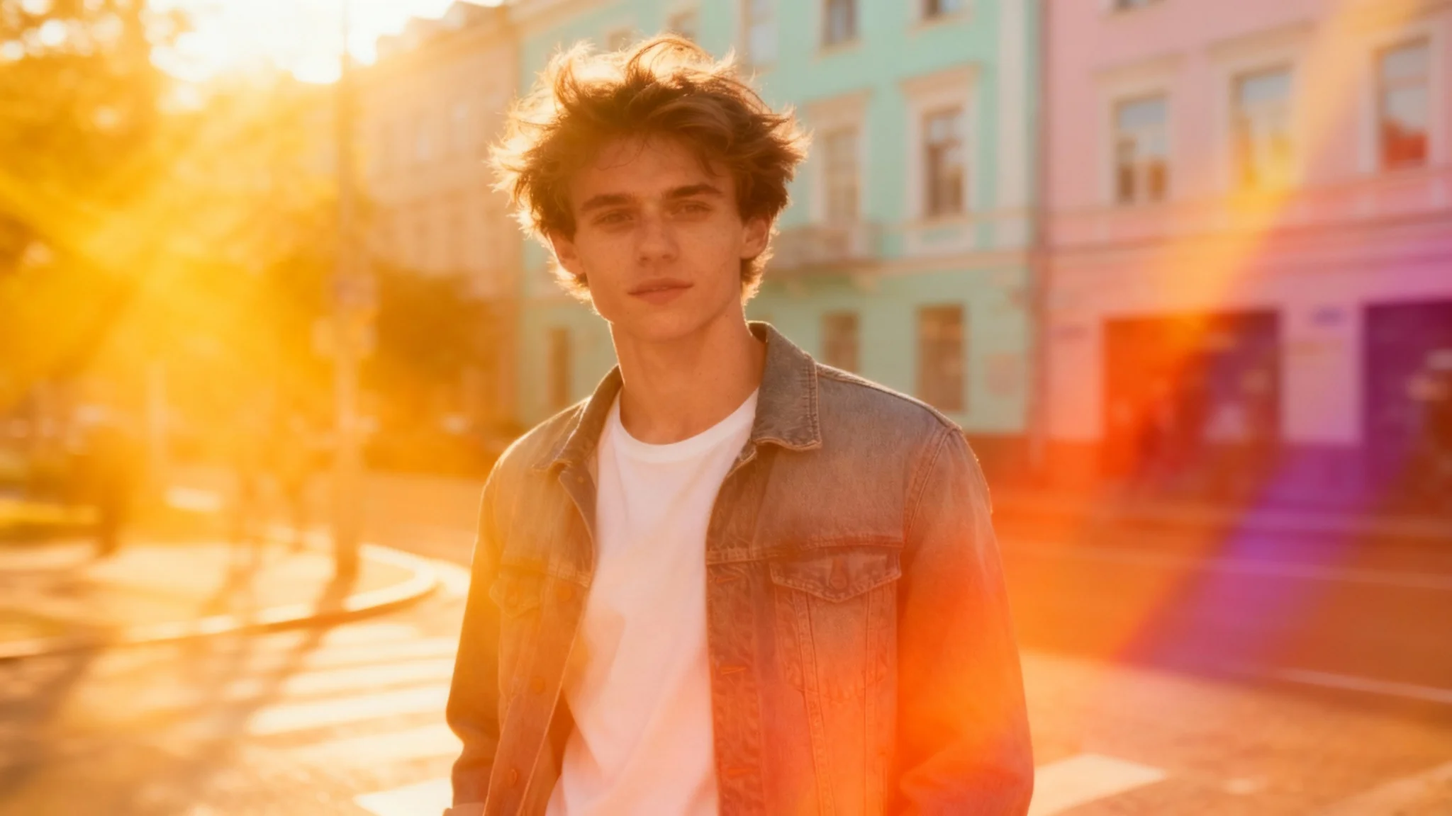 A photograph of a young man on a city street, demonstrating a light leak effect. The image has beautiful, warm-colored flares and streaks of light across it, creating a nostalgic and artistic final result.