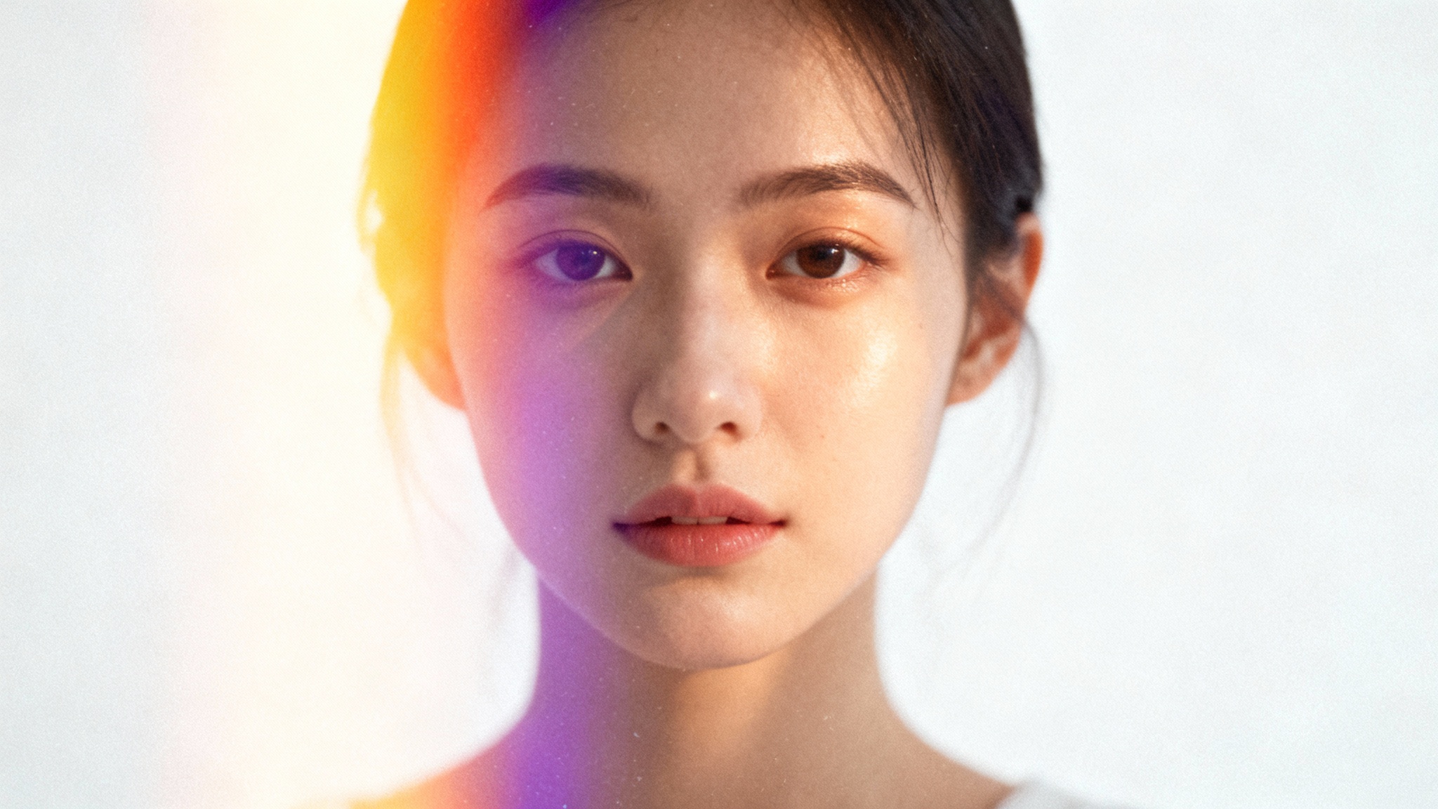 A close-up portrait of a woman demonstrating a vintage light leak effect, with colorful streaks of orange and magenta light creating a dreamy, nostalgic feel.