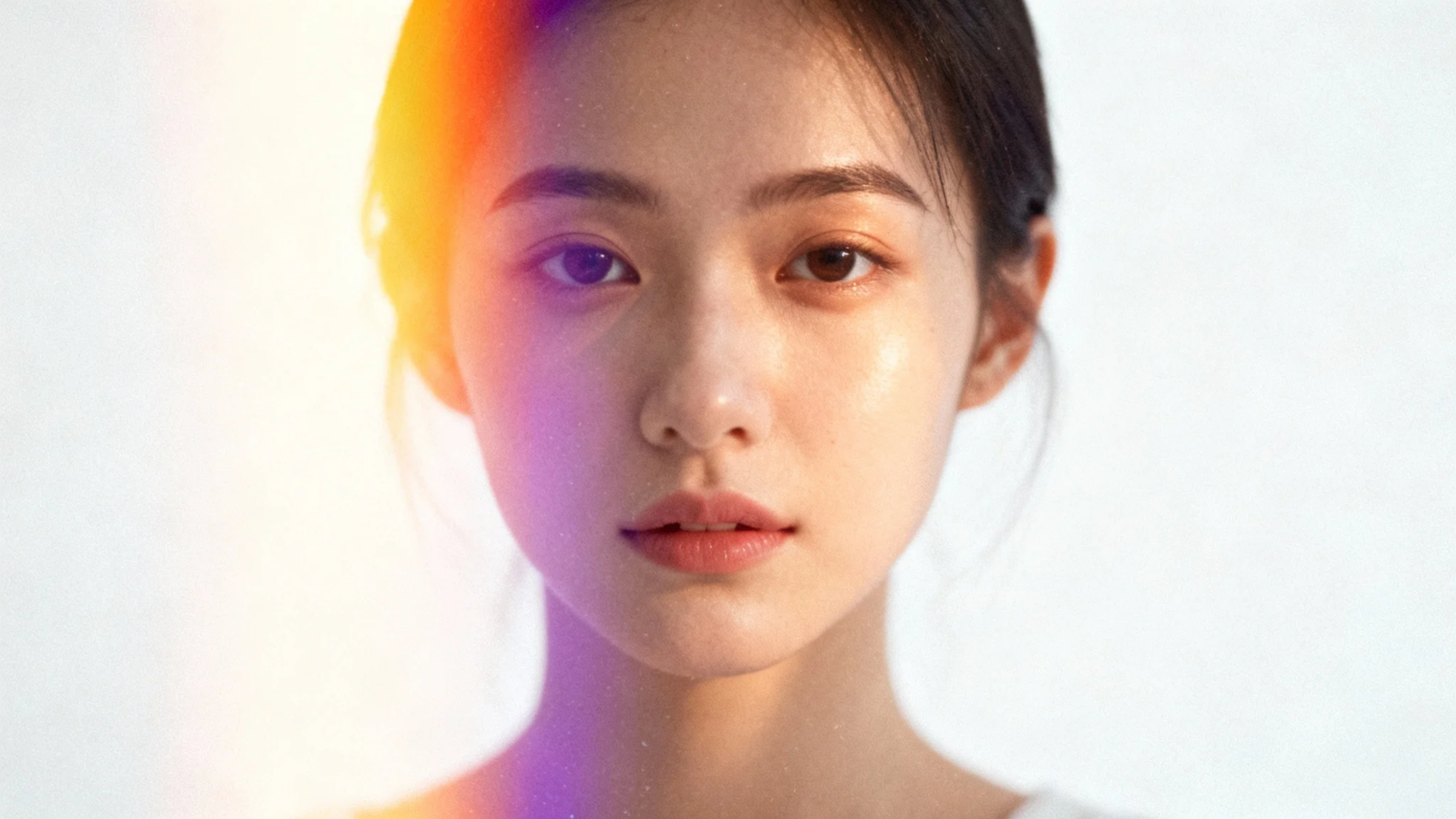 A close-up portrait of a woman demonstrating a vintage light leak effect, with colorful streaks of orange and magenta light creating a dreamy, nostalgic feel.