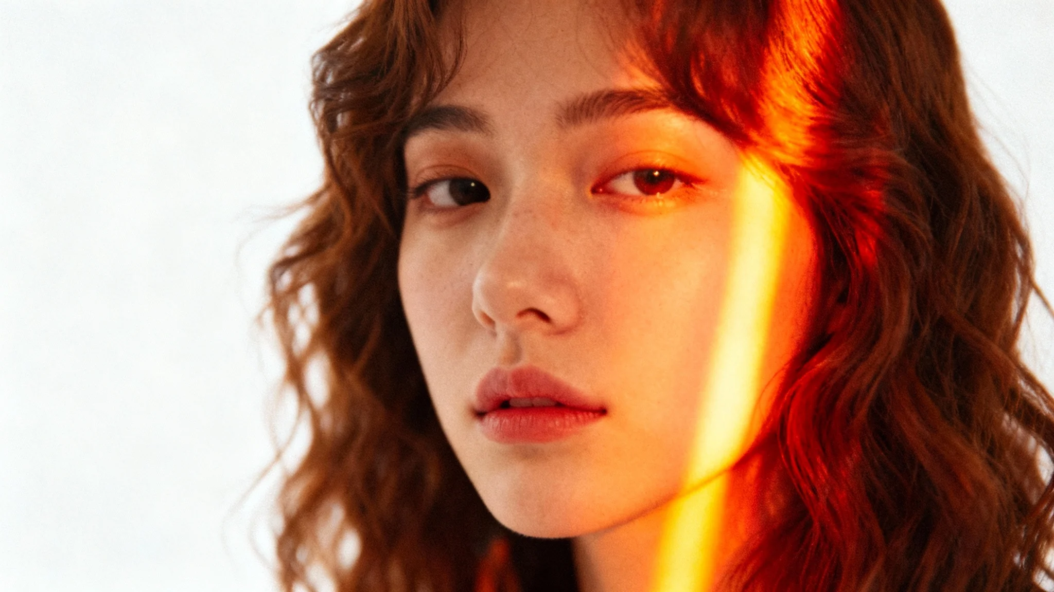 A close-up portrait of a woman with a dreamy expression, showcasing a vibrant light leak effect with streaks of orange and red light, set against a white background.