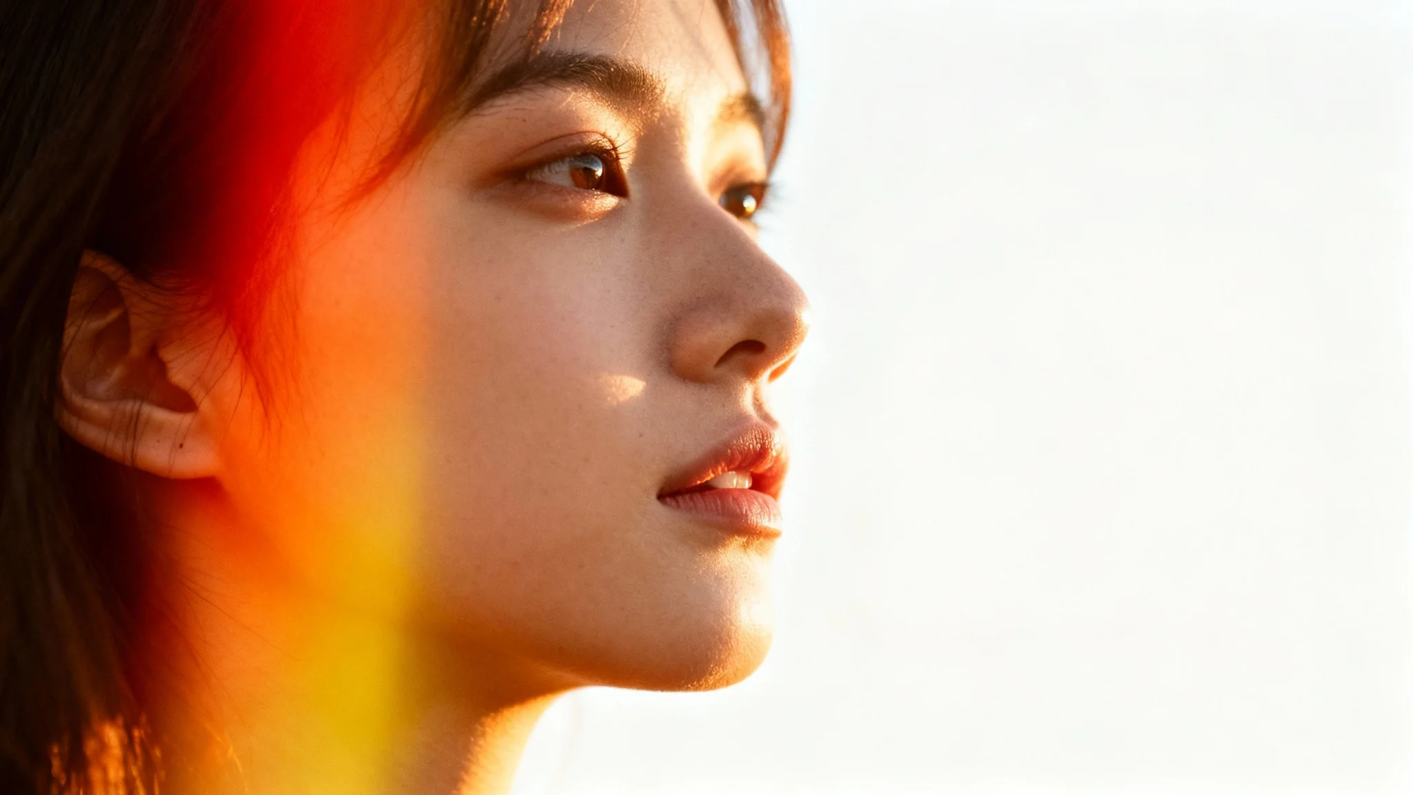 A close-up portrait of a woman with a thoughtful expression, featuring a prominent, colorful light leak effect with streaks of orange and red light, set against a white background.