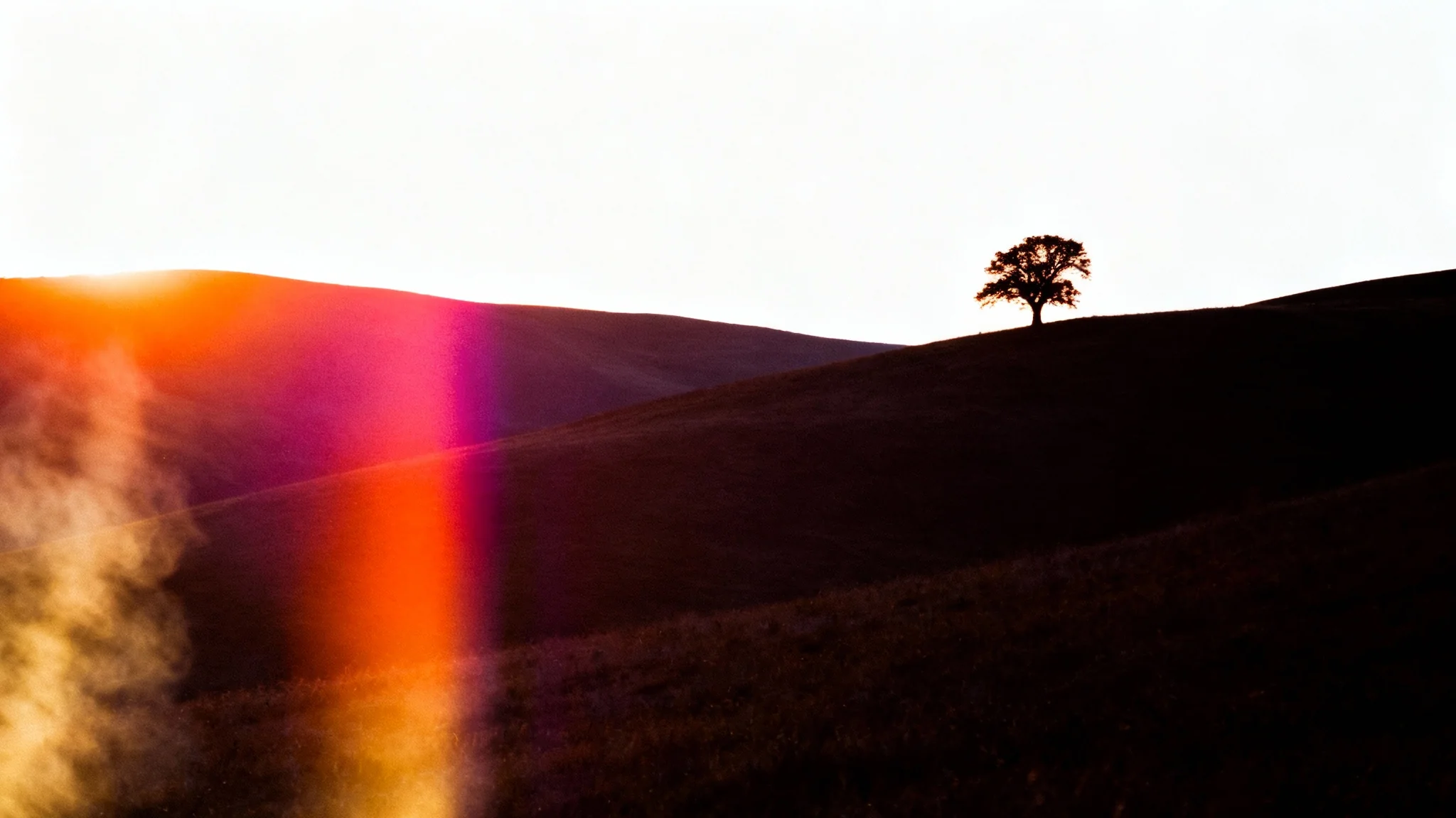 A photorealistic image of a sunset landscape with a prominent and artistic light leak effect, showing streaks of orange and magenta light for a vintage film look.