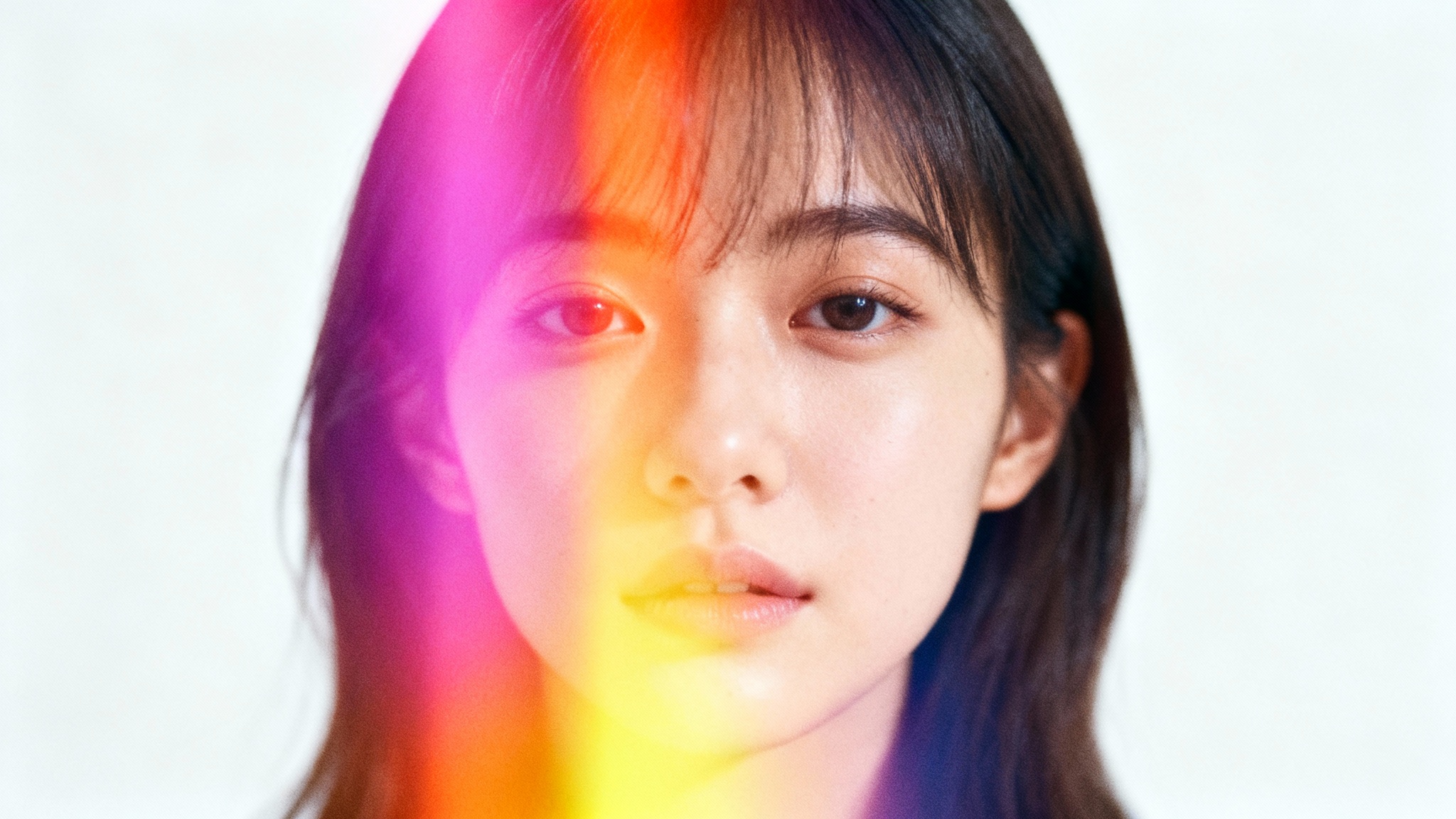 An artistic portrait of a woman's face with a vibrant light leak effect in shades of magenta, orange, and yellow, set against a plain white background.