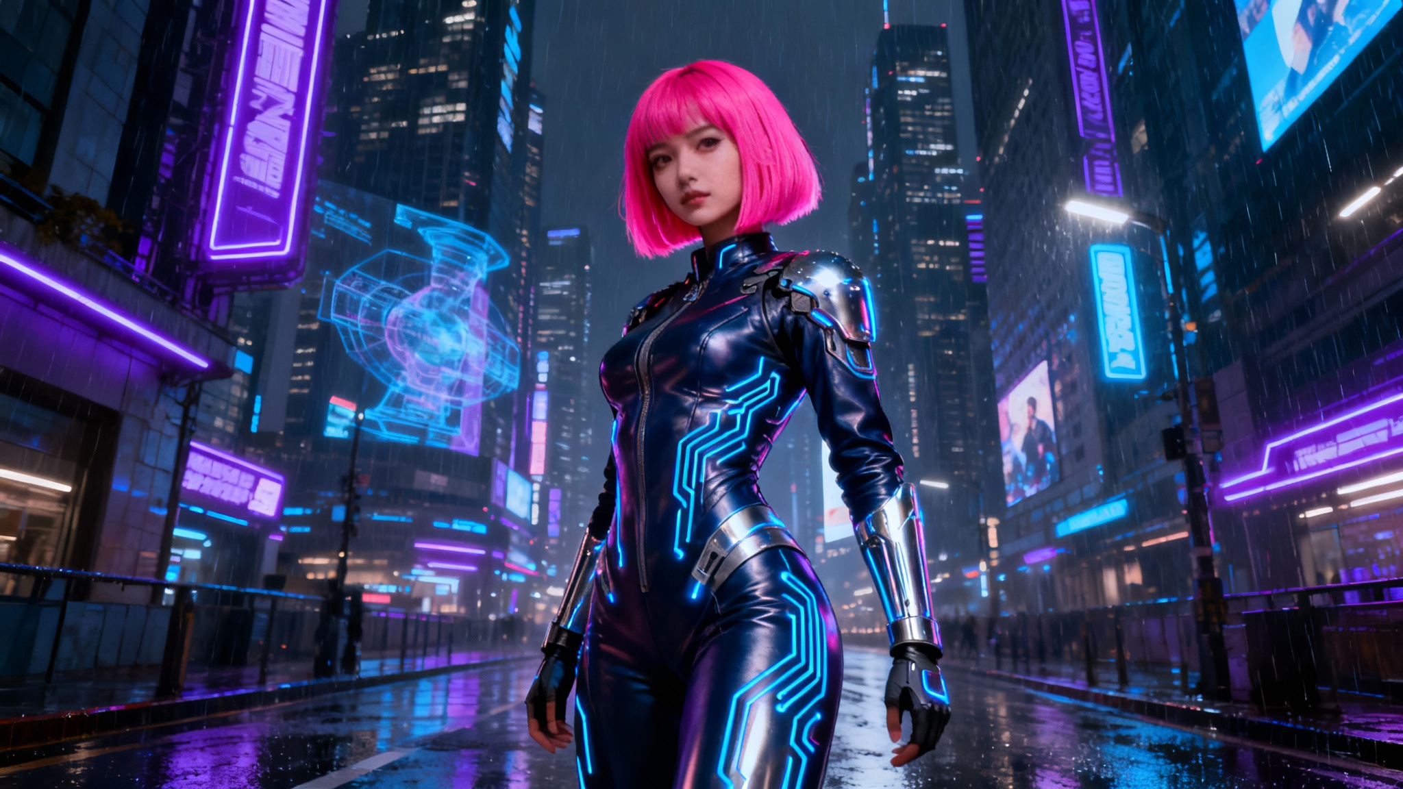 A finished, photorealistic digital artwork of a cyberpunk woman with neon pink hair standing in a futuristic city at night, serving as an example of a generated character.