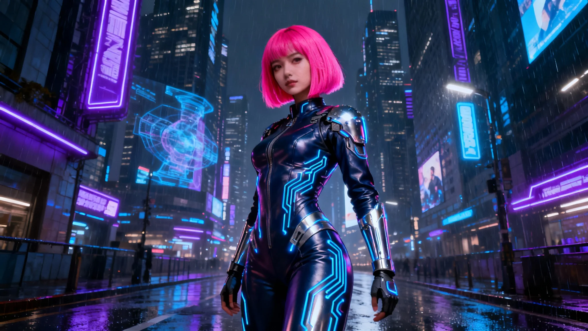 A finished, photorealistic digital artwork of a cyberpunk woman with neon pink hair standing in a futuristic city at night, serving as an example of a generated character.