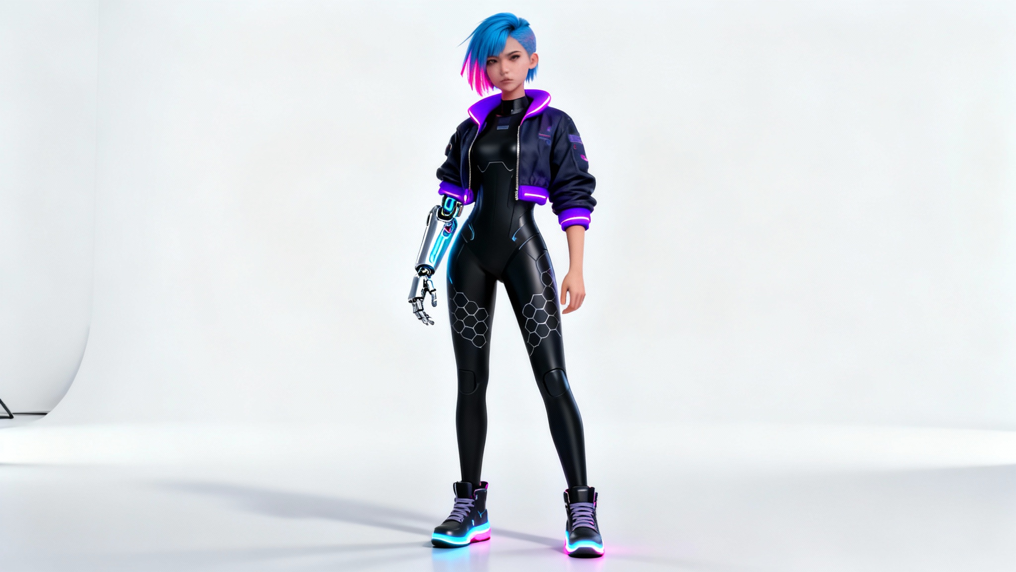 A full-body digital render of a female cyberpunk character with electric blue hair and a chrome cybernetic arm, posing against a clean white background.