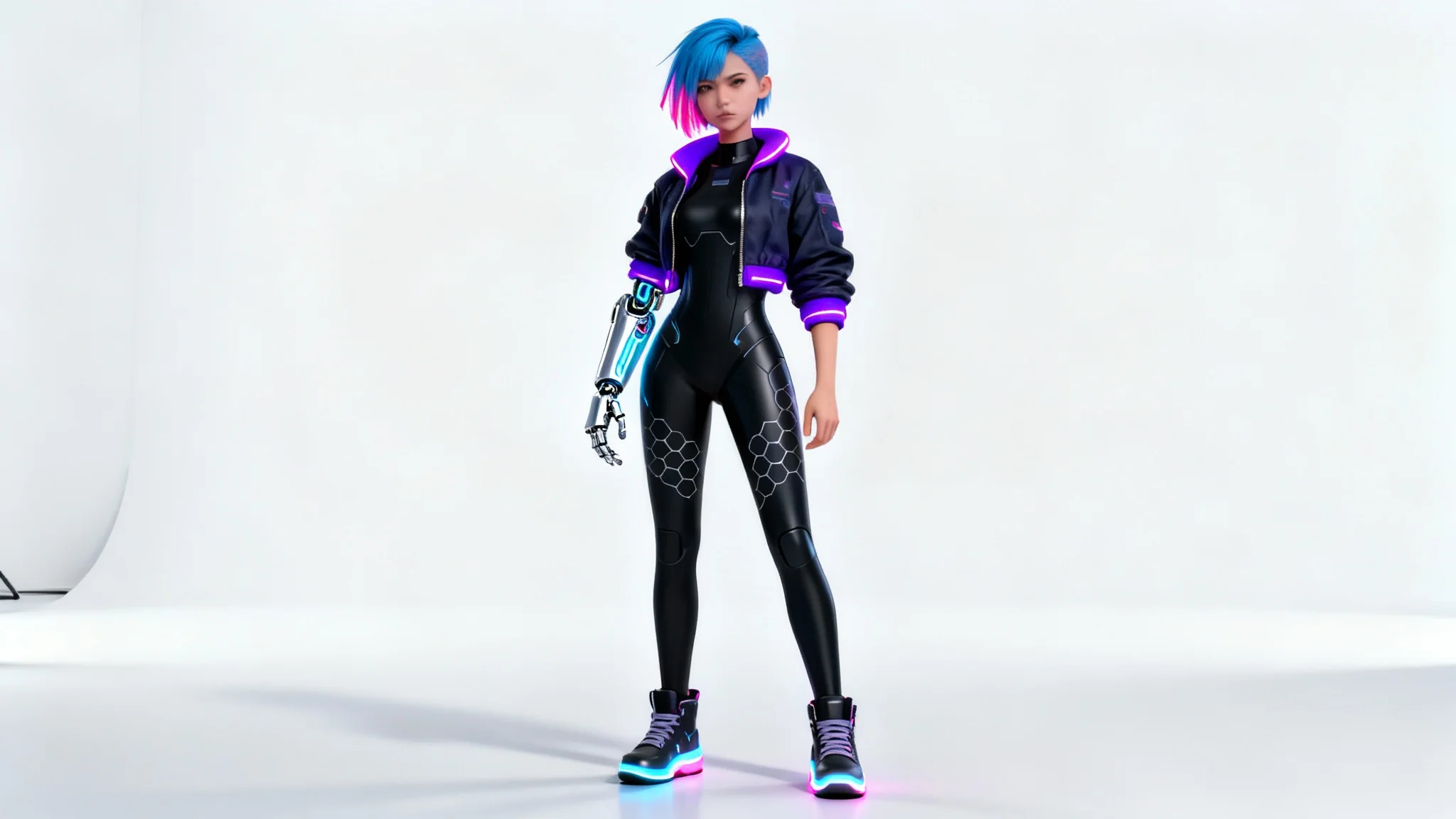 A full-body digital render of a female cyberpunk character with electric blue hair and a chrome cybernetic arm, posing against a clean white background.