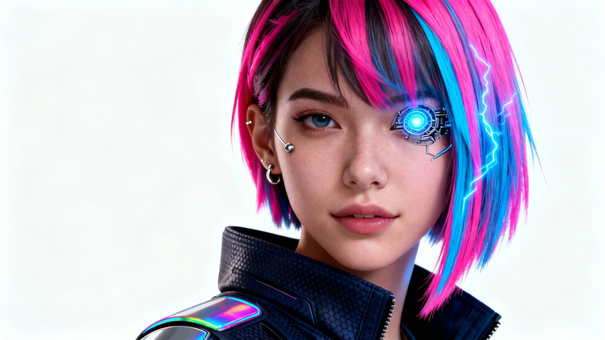A hyper-realistic portrait of a cyberpunk girl with neon pink hair and a glowing cybernetic eye, wearing a futuristic jacket against a clean white background.