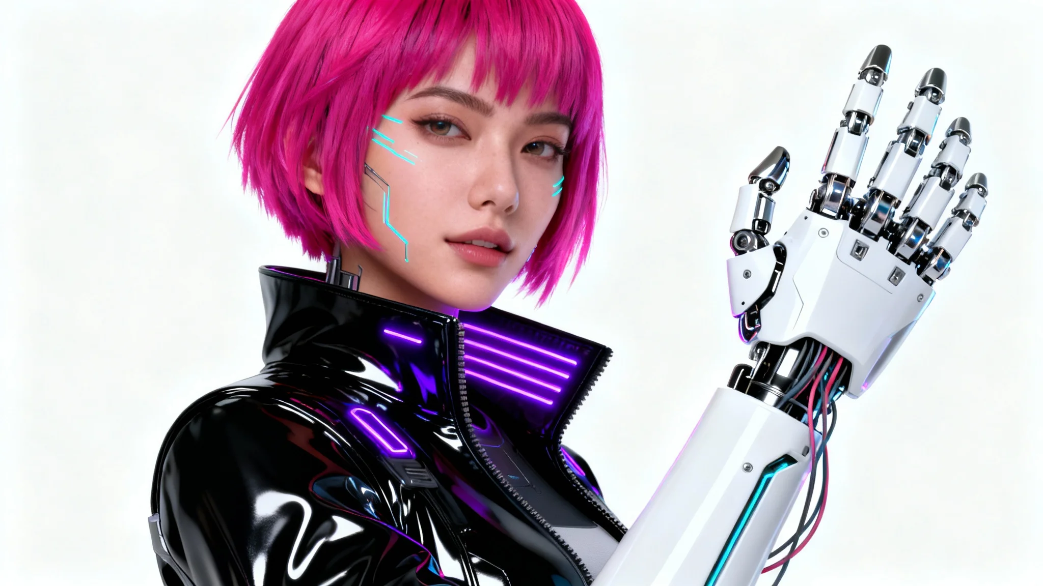A detailed concept art portrait of a cyberpunk girl with neon magenta hair and a robotic arm, posing confidently against a plain white background.
