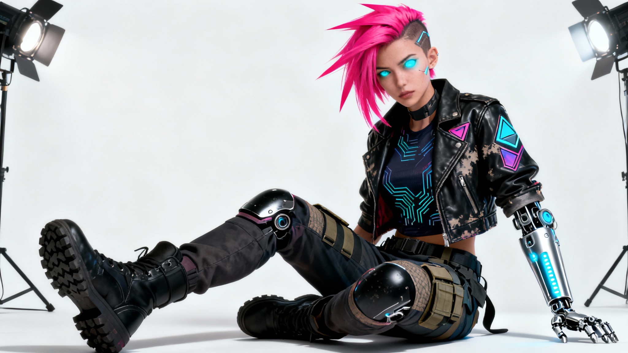 A full-body concept art of a cyberpunk girl with neon pink hair and a glowing cybernetic eye, standing against a white background. She wears a futuristic outfit with a prosthetic arm.