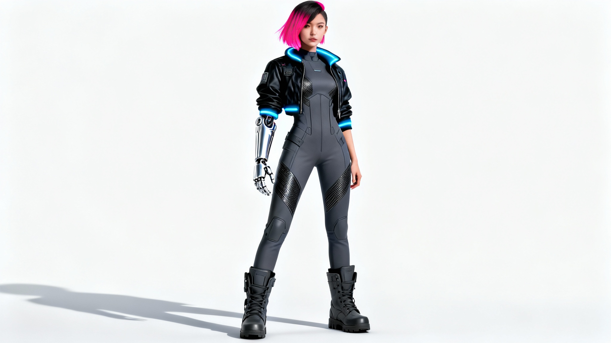 A full-body digital illustration of a cyberpunk girl with a chrome cybernetic arm and neon pink hair, posing in futuristic tactical gear against a clean white background.