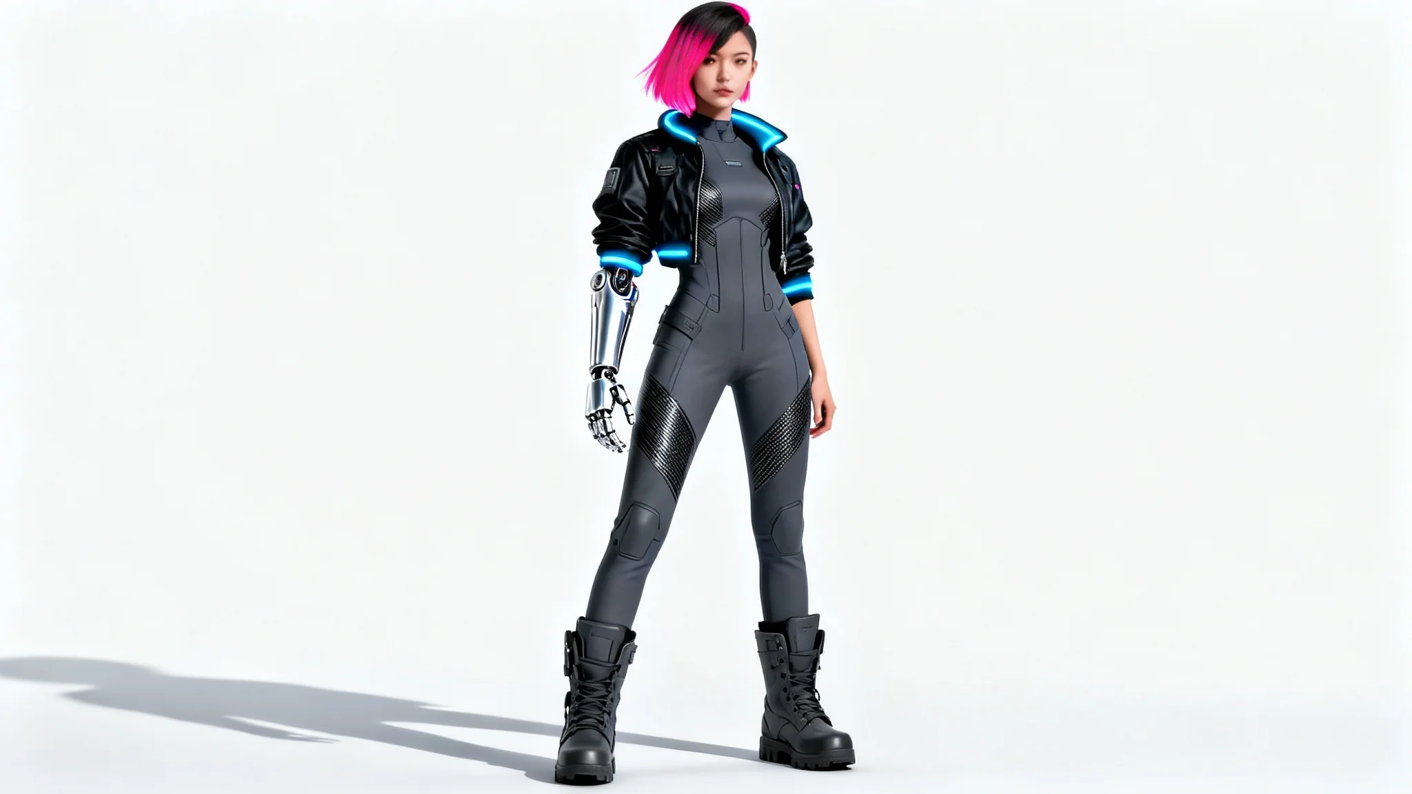 A full-body digital illustration of a cyberpunk girl with a chrome cybernetic arm and neon pink hair, posing in futuristic tactical gear against a clean white background.