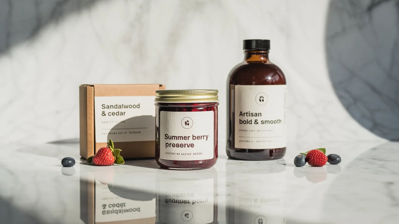 A professionally photographed collection of artisanal products, including a jam jar, coffee bottle, and candle box, each with a custom-designed, high-quality product label, displayed on a clean white background.