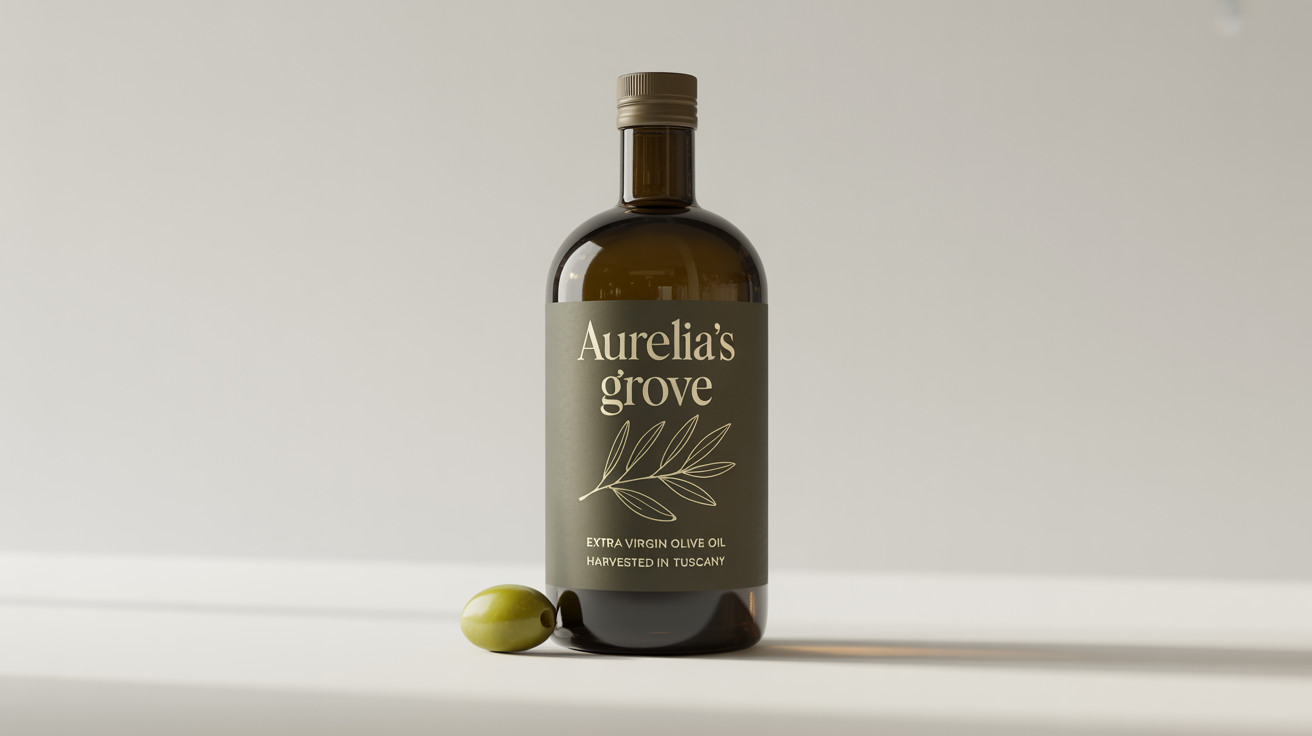 A professional product mockup of a dark amber glass bottle of Aurelia's Grove olive oil, featuring a custom-designed, elegant label against a plain white background.