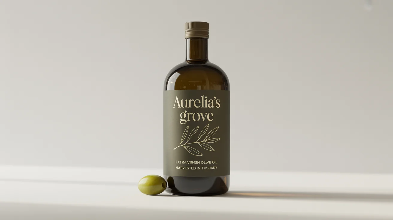 A professional product mockup of a dark amber glass bottle of Aurelia's Grove olive oil, featuring a custom-designed, elegant label against a plain white background.