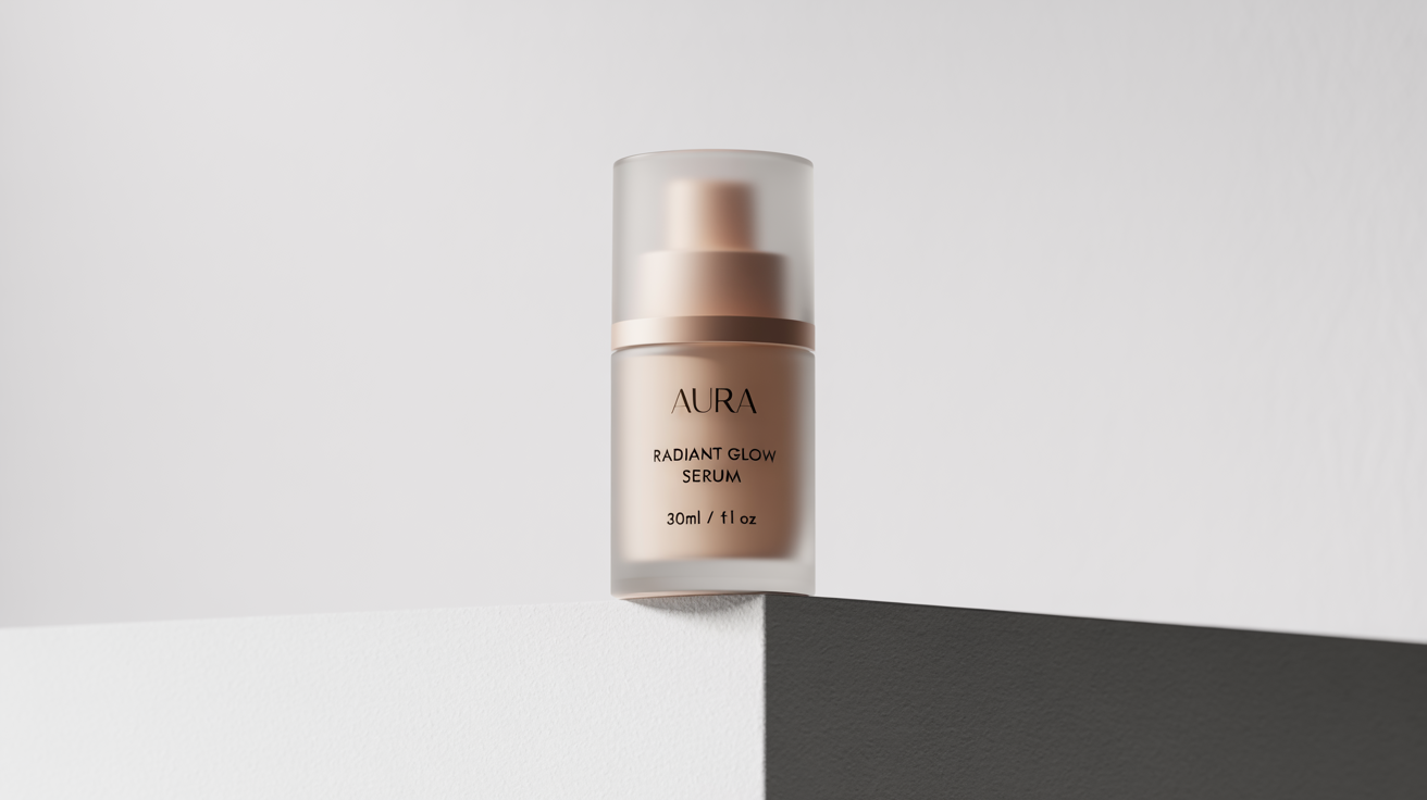 A mockup of a luxurious cosmetic serum bottle with a custom-designed product label reading 'AURA' and 'Radiant Glow Serum', set against a plain white background.