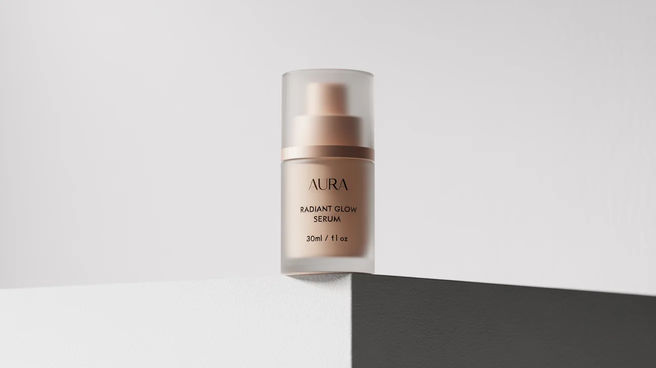 A mockup of a luxurious cosmetic serum bottle with a custom-designed product label reading 'AURA' and 'Radiant Glow Serum', set against a plain white background.