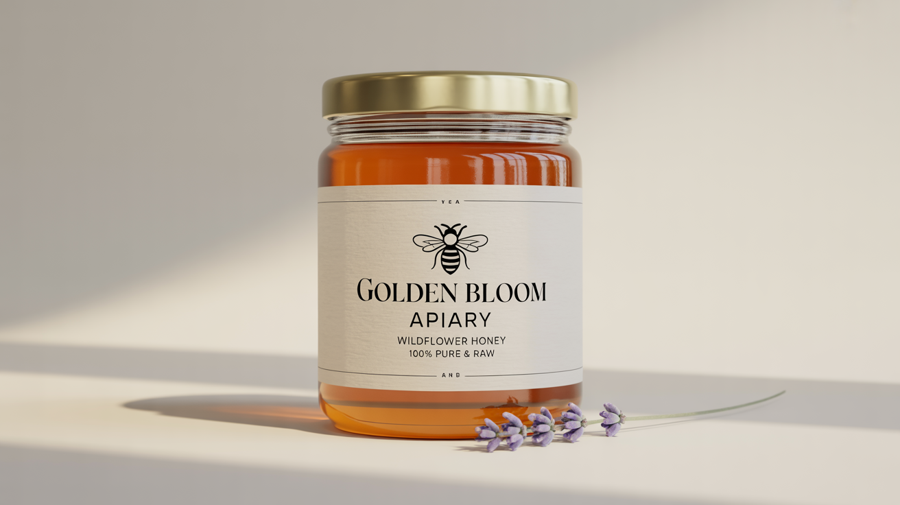 A professional product mockup showing a beautifully designed label for 'Golden Bloom Apiary' 'Wildflower Honey' on a glass jar, set against a clean white background.