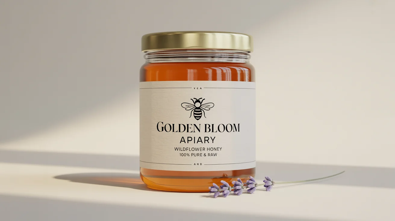 A professional product mockup showing a beautifully designed label for 'Golden Bloom Apiary' 'Wildflower Honey' on a glass jar, set against a clean white background.