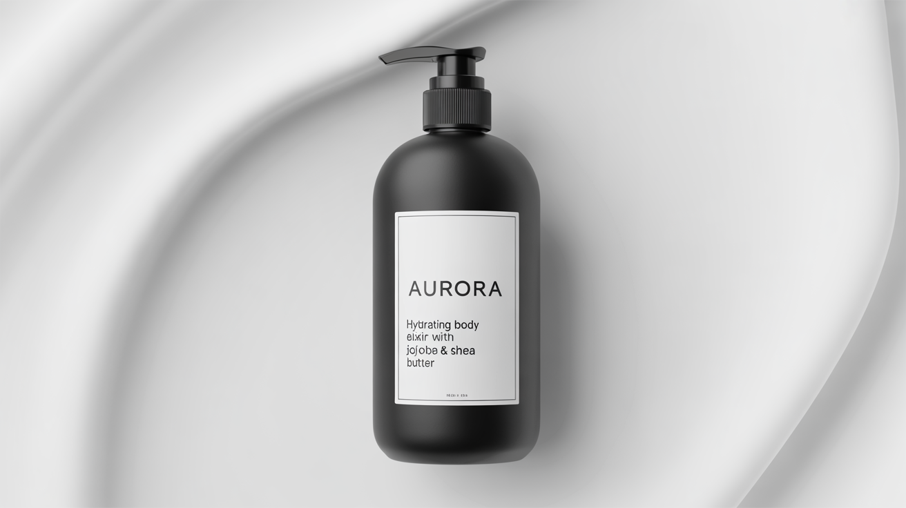 A photorealistic mockup of a matte black lotion bottle with a custom, minimalist white label that reads 'AURORA Hydrating Body Elixir', set against a plain white background.