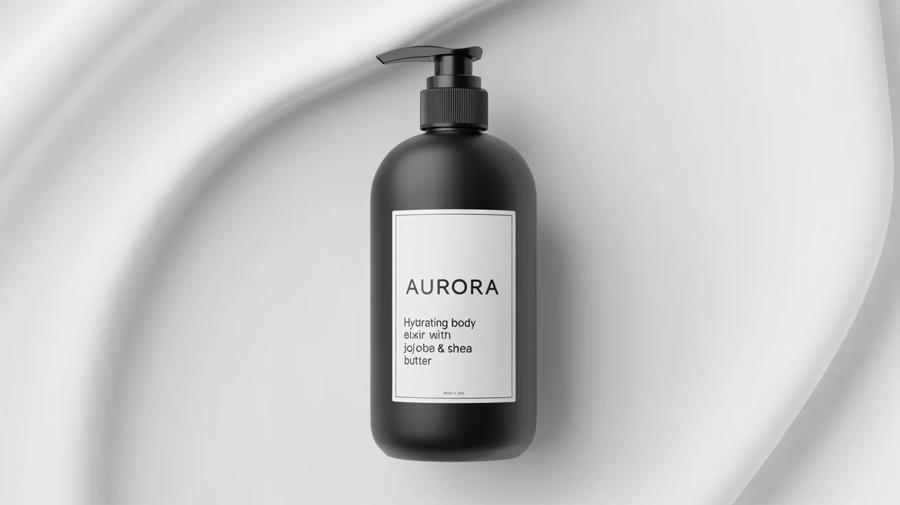 A photorealistic mockup of a matte black lotion bottle with a custom, minimalist white label that reads 'AURORA Hydrating Body Elixir', set against a plain white background.