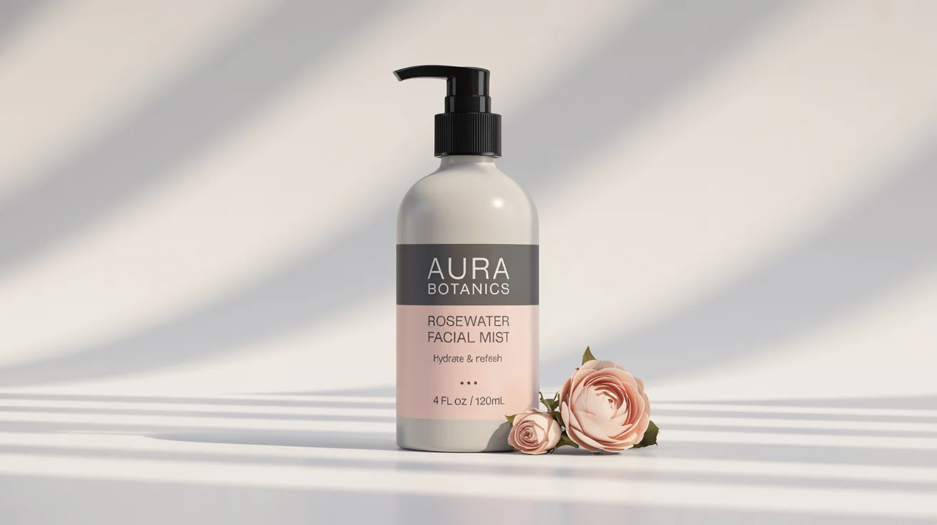 A mockup of a minimalist white cosmetic bottle with a custom pink label that reads 'Aura Botanics Rosewater Facial Mist', set against a clean white background.