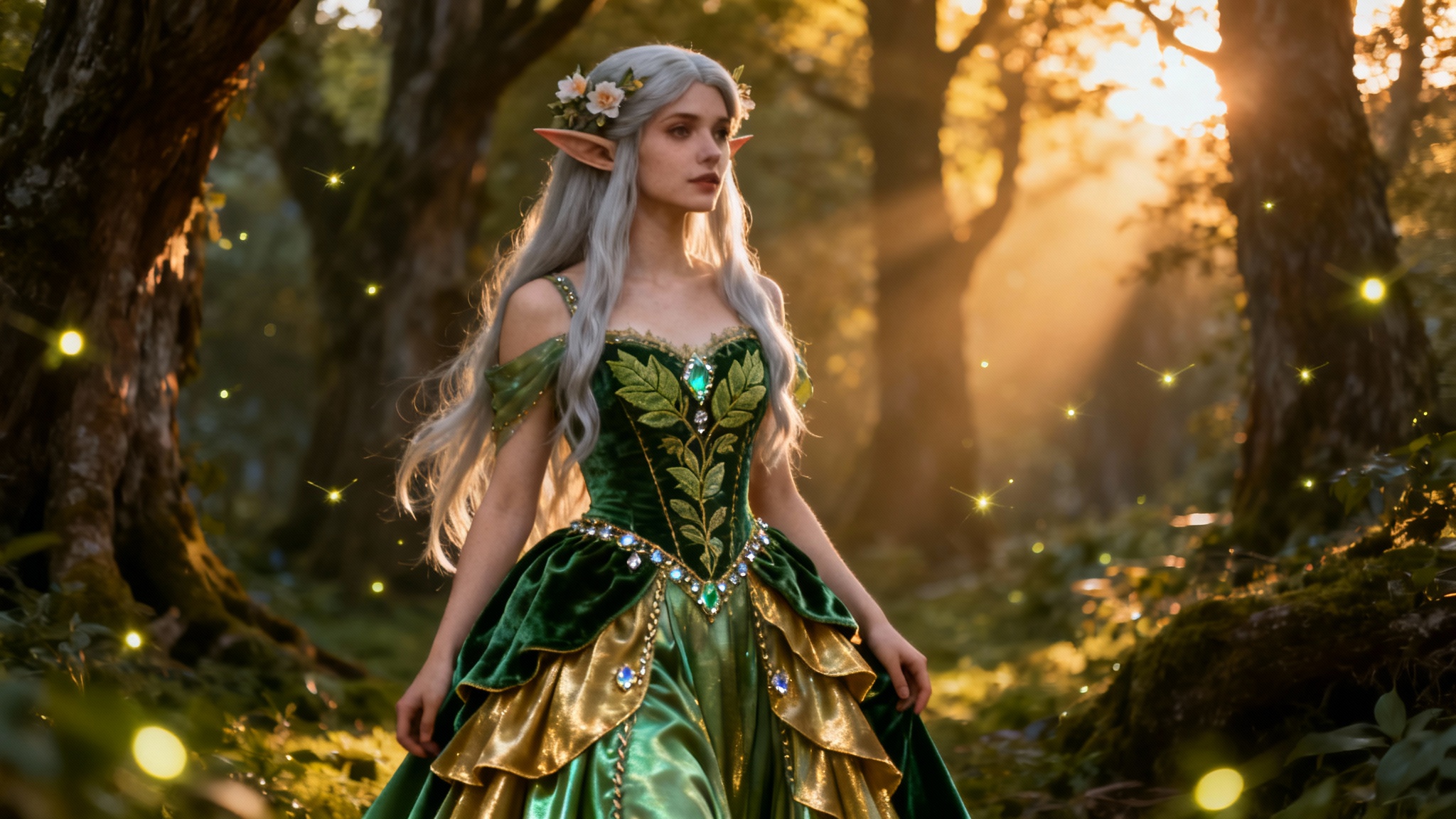 A photorealistic, cinematic photo of a model dressed as an elf in an enchanted forest. She wears a highly detailed green and gold gown with a layered skirt and leaf patterns, and has long silver hair with flowers in it.