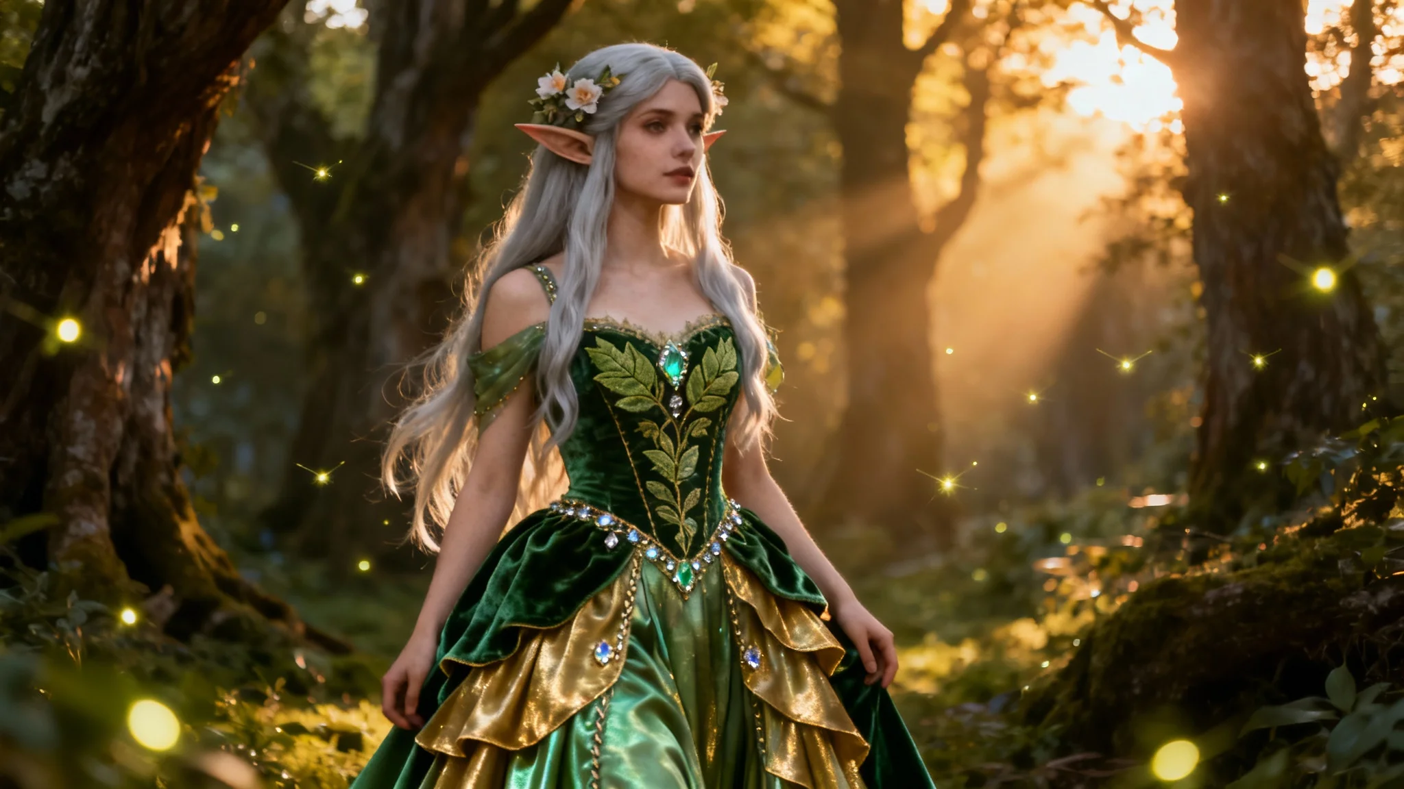 A photorealistic, cinematic photo of a model dressed as an elf in an enchanted forest. She wears a highly detailed green and gold gown with a layered skirt and leaf patterns, and has long silver hair with flowers in it.