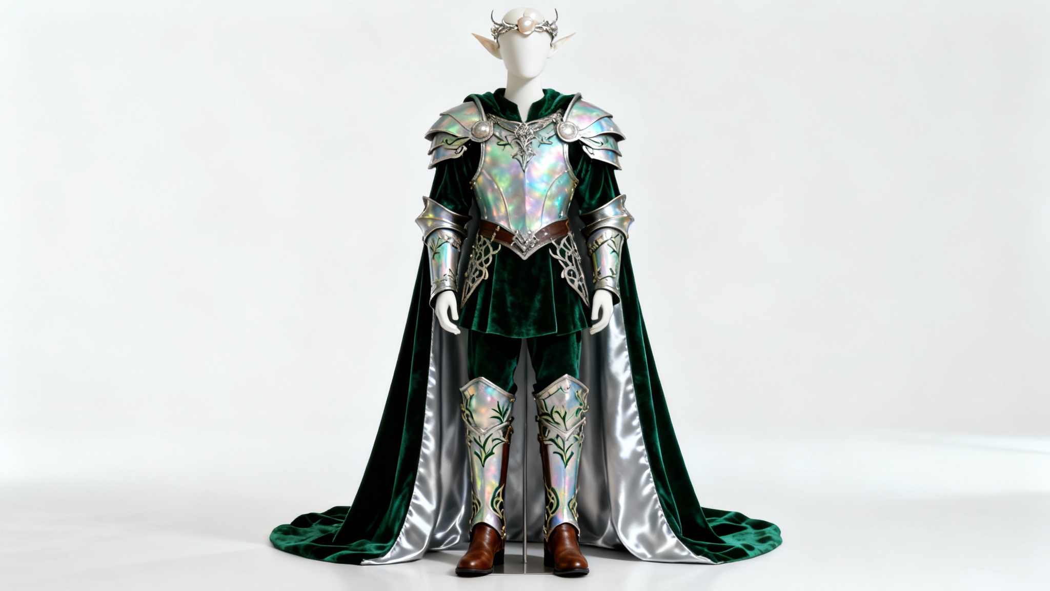 A photorealistic mockup of an intricate elven fantasy costume, featuring iridescent armor and green velvet, displayed on a mannequin against a white background.