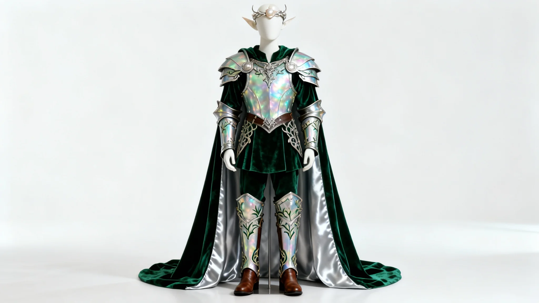 A photorealistic mockup of an intricate elven fantasy costume, featuring iridescent armor and green velvet, displayed on a mannequin against a white background.