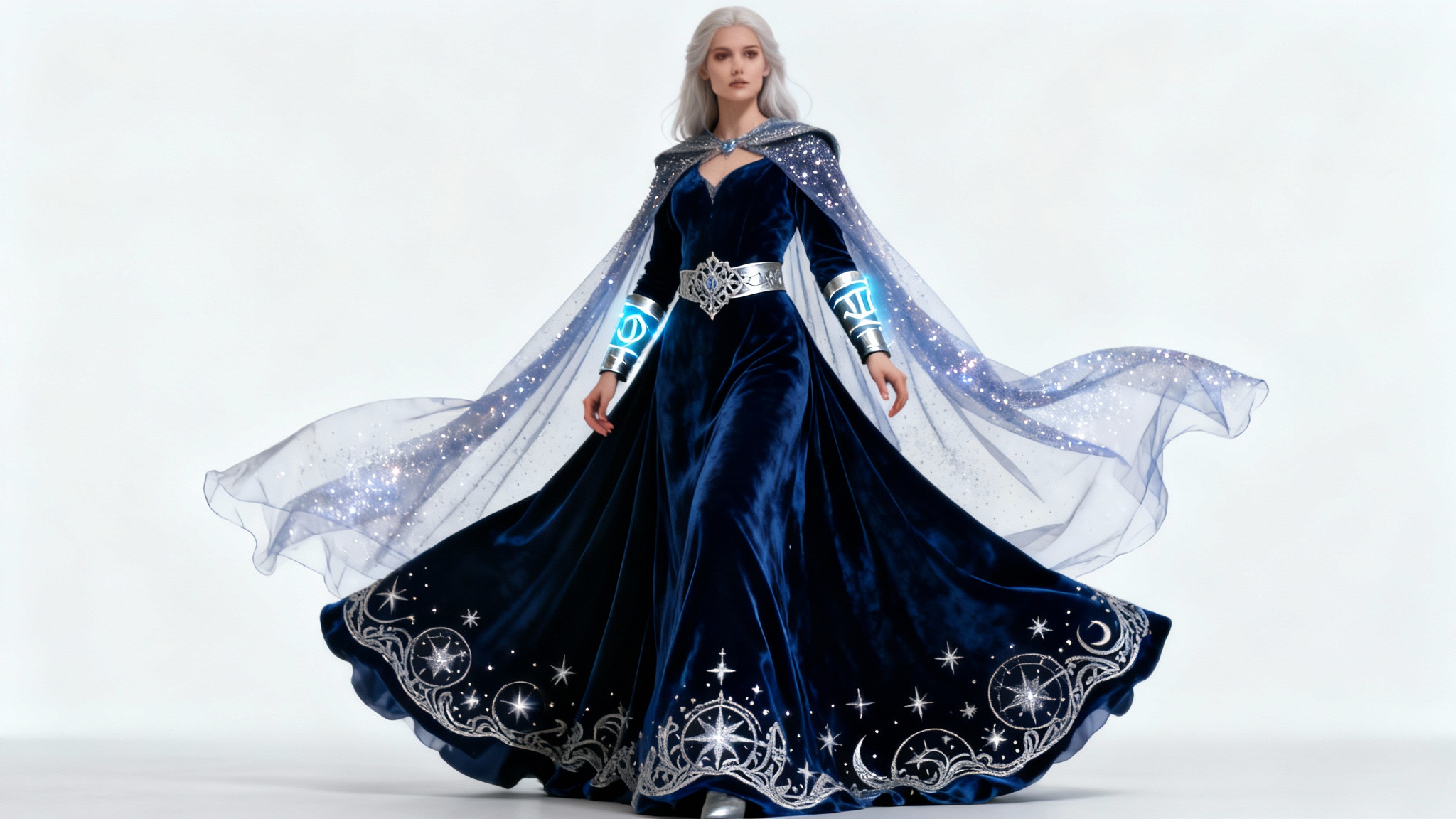 A full-body photograph of an elegant fantasy sorceress costume, featuring a midnight-blue velvet gown with silver celestial embroidery and a glittering cape, set against a plain white background.