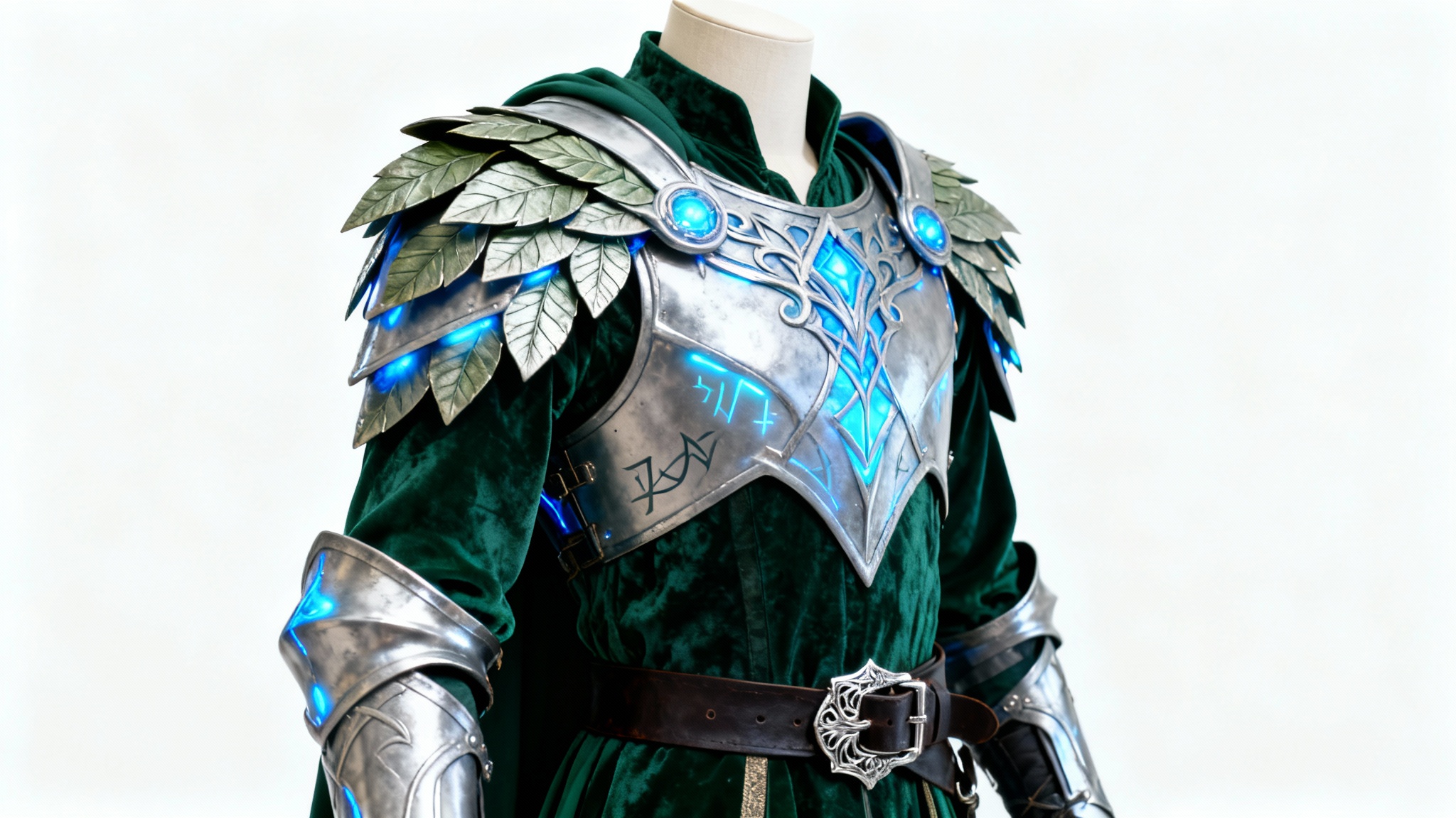 A photorealistic mockup of an elaborate fantasy elven warrior costume on a mannequin against a plain white background. The costume features detailed silver armor with glowing blue runes over a dark green tunic.
