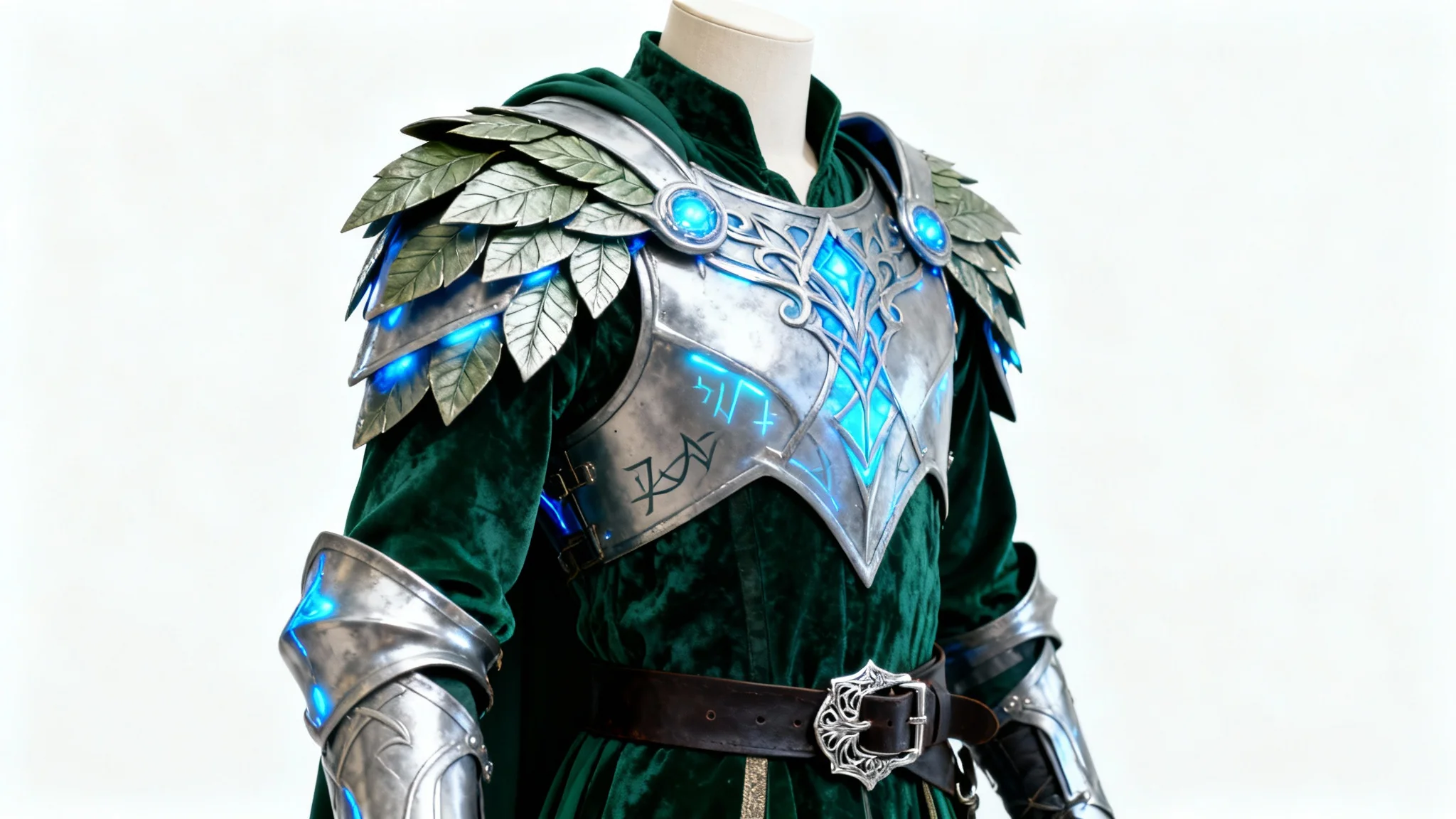 A photorealistic mockup of an elaborate fantasy elven warrior costume on a mannequin against a plain white background. The costume features detailed silver armor with glowing blue runes over a dark green tunic.