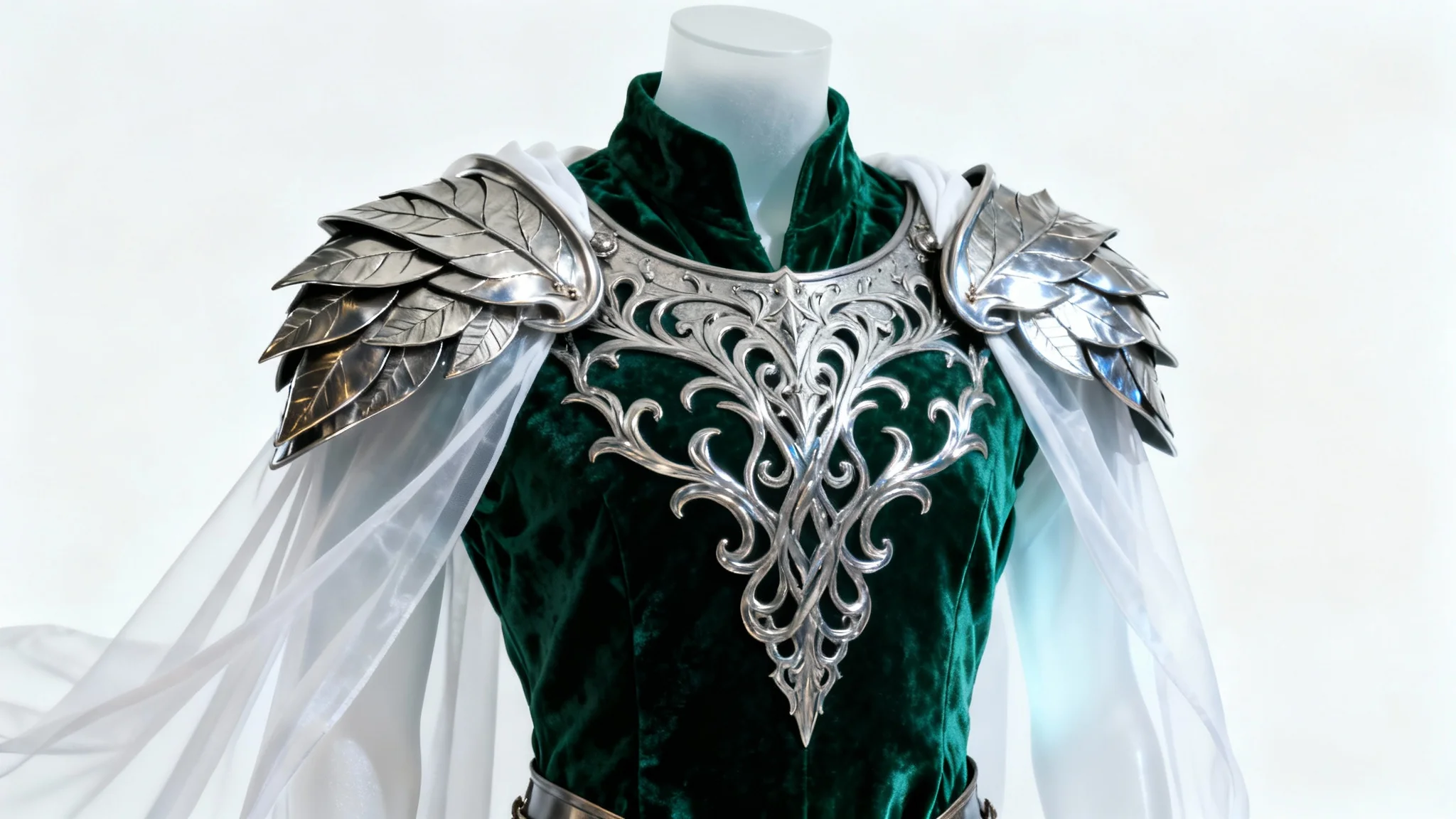 A highly detailed elven fantasy costume with a silver breastplate and emerald green tunic, displayed on an invisible mannequin against a clean white background.
