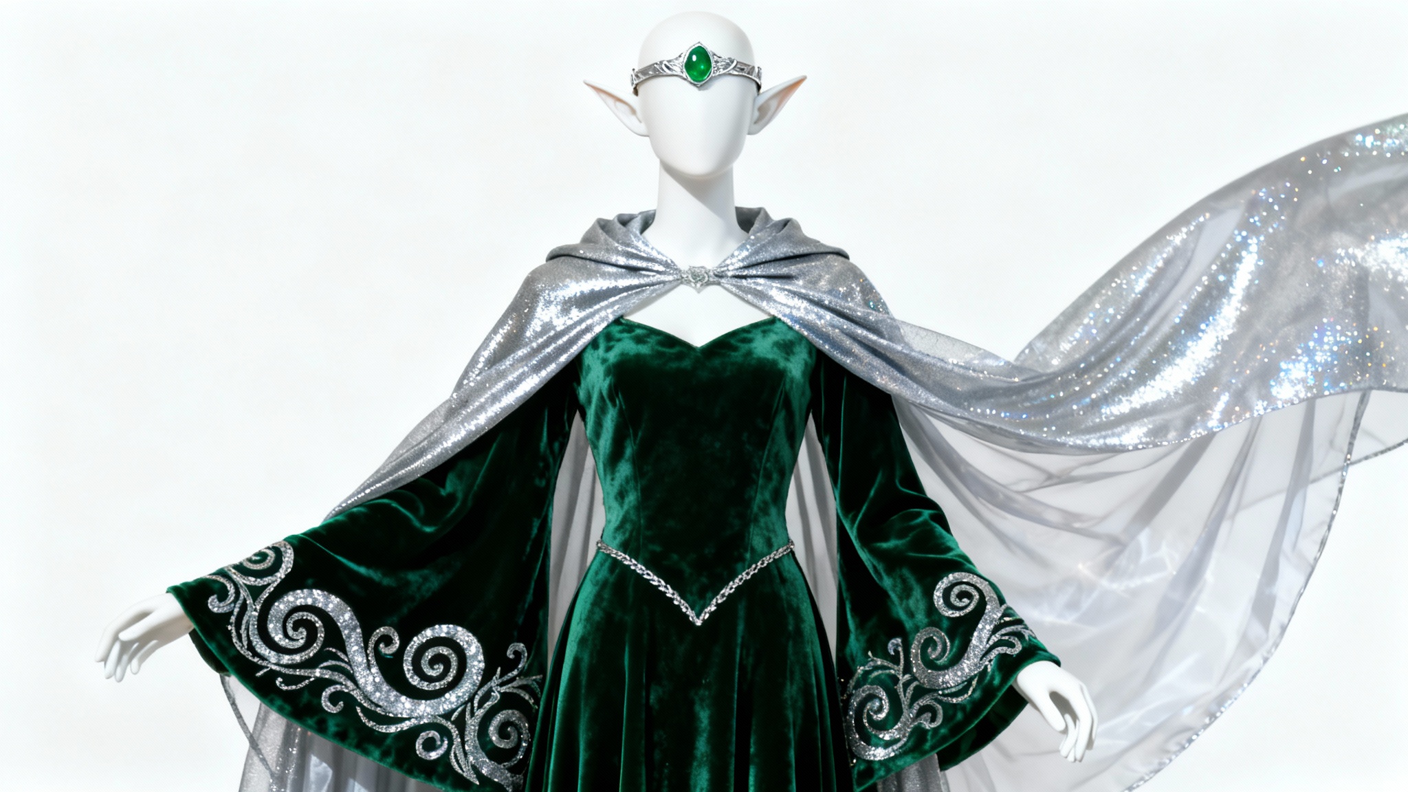 A hyper-realistic fantasy costume for an elven sorceress, featuring a deep green velvet gown with silver embroidery and a shimmering cape, displayed against a plain white background.