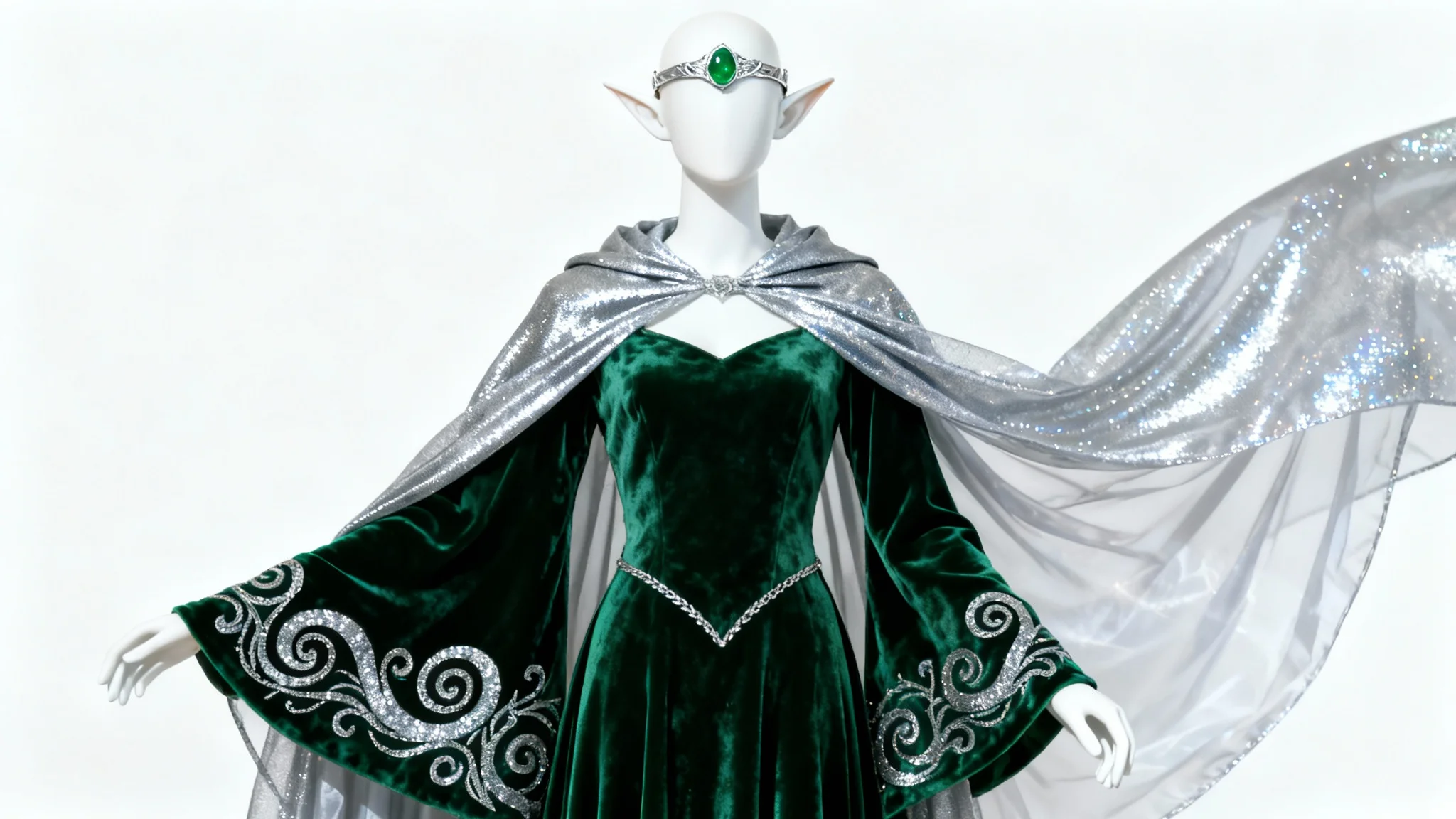 A hyper-realistic fantasy costume for an elven sorceress, featuring a deep green velvet gown with silver embroidery and a shimmering cape, displayed against a plain white background.