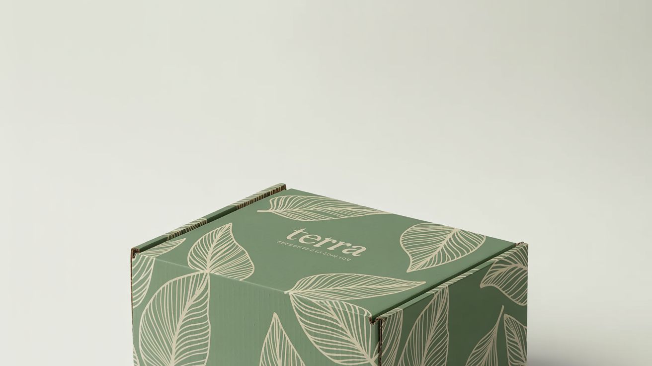 A professionally designed mailer box with a minimalist botanical pattern and the brand name 'Terra' displayed on a clean white background.